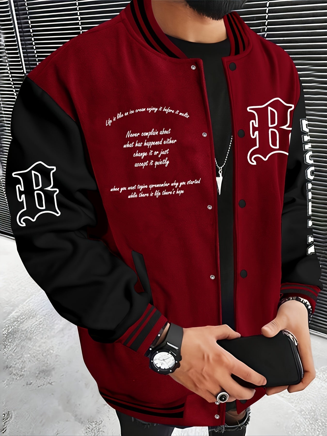 Men's Color Block Varsity Jacket, Casual Baseball Jacket With Letter Embellishment, Comfortable Fit Outerwear