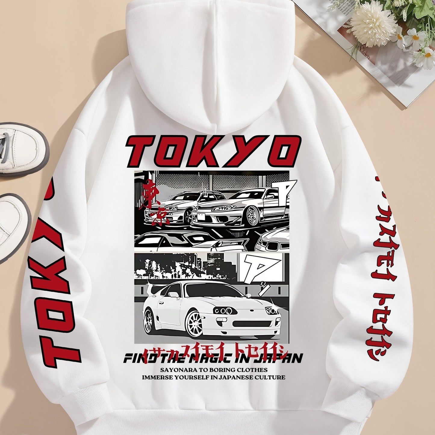 Tokyo Graphic Print Casual Hoodie for Women - 100% Polyester Knit Fabric with Drawstring Hood, Geometric Pattern, All-Season Comfort