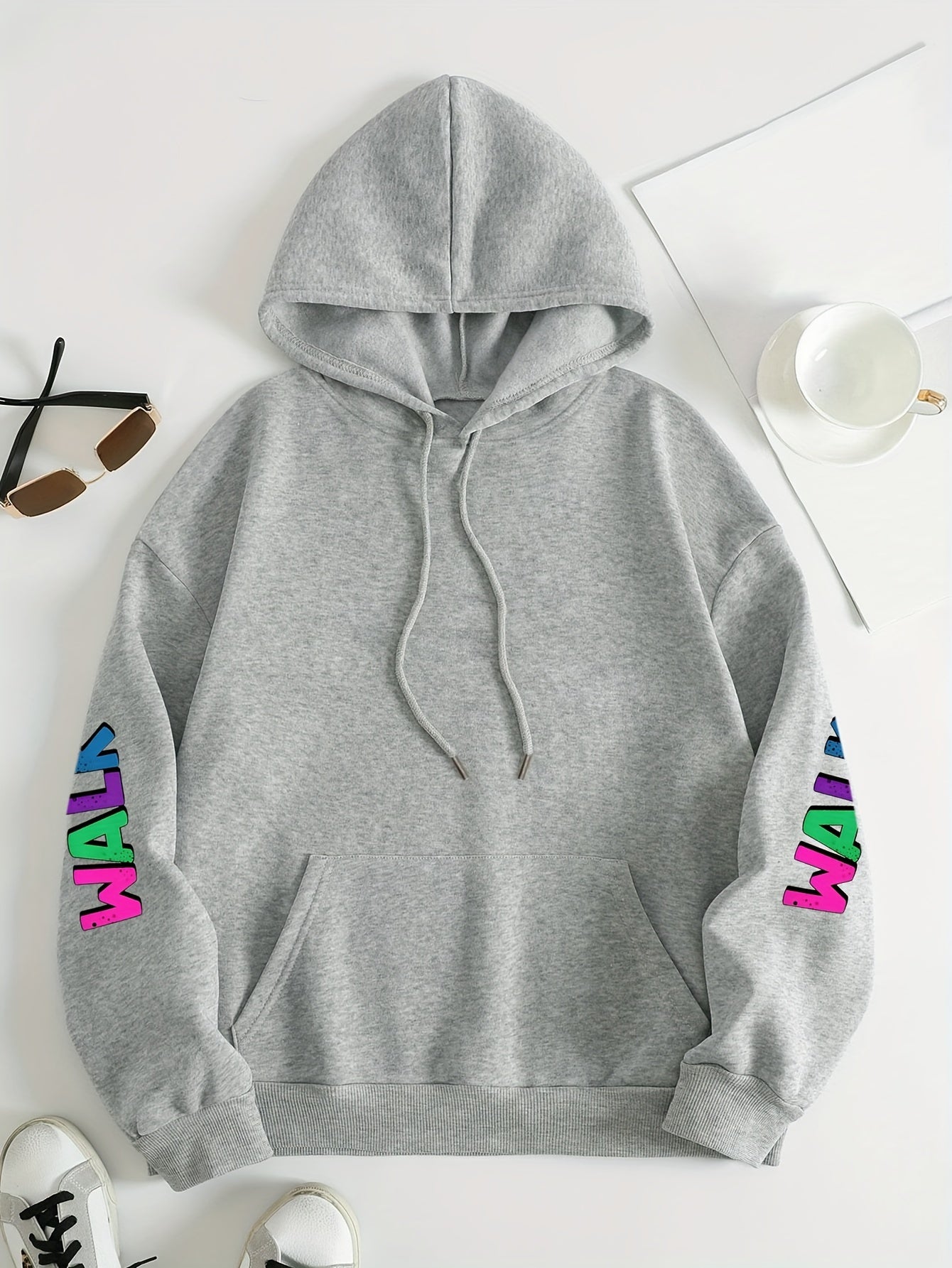Plus Size Women's Hoodie with Colorful Walk Shoes Print - Casual Long Sleeve Pullover with Pocket, Cozy Polyester Hooded Sweatshirt for Fall & Winter, Fall Fashion Hoodie|Vibrant Shoe Design|Machine Washable Top