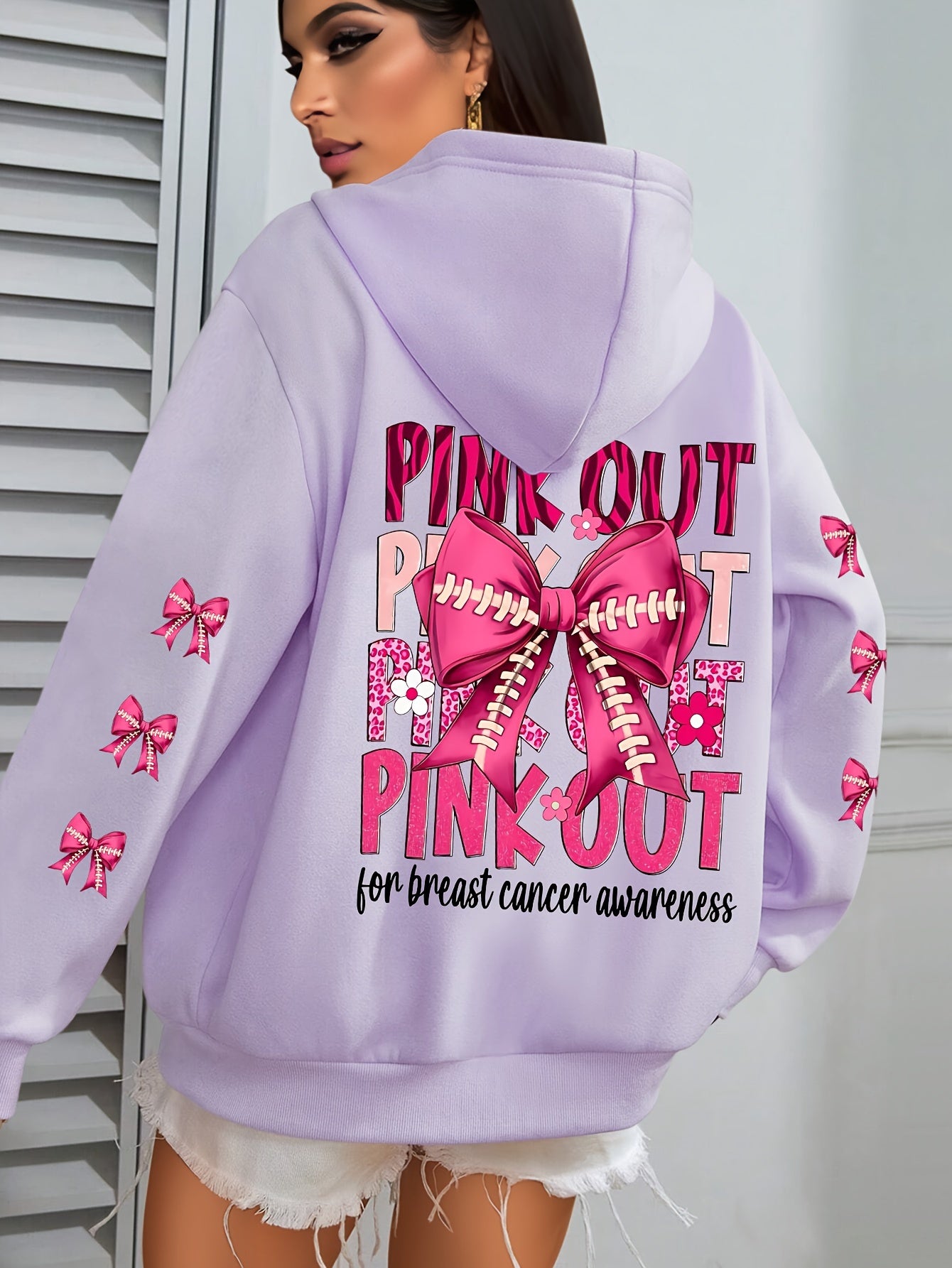 Women'S Plus Size Hoodie with Pink Ribbon Bowknot Print, Casual Long Sleeve Pullover with Pocket, 100% Polyester Knit Fabric, Slight Stretch, Fall/Winter Hooded Sweatshirt, Breast Cancer Awareness Design