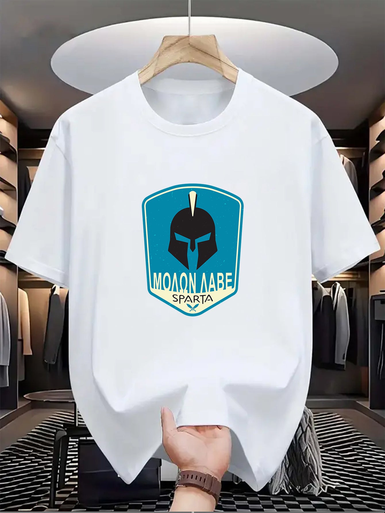 Men's SPARTA Graphic Tee - Beige Crew Neck Short Sleeve T-Shirt with Blue Spartan Helmet Design, 100% Polyester, Casual Summer Wear for Everyday & Special Occasions, Cool Oversized Tee Shirts