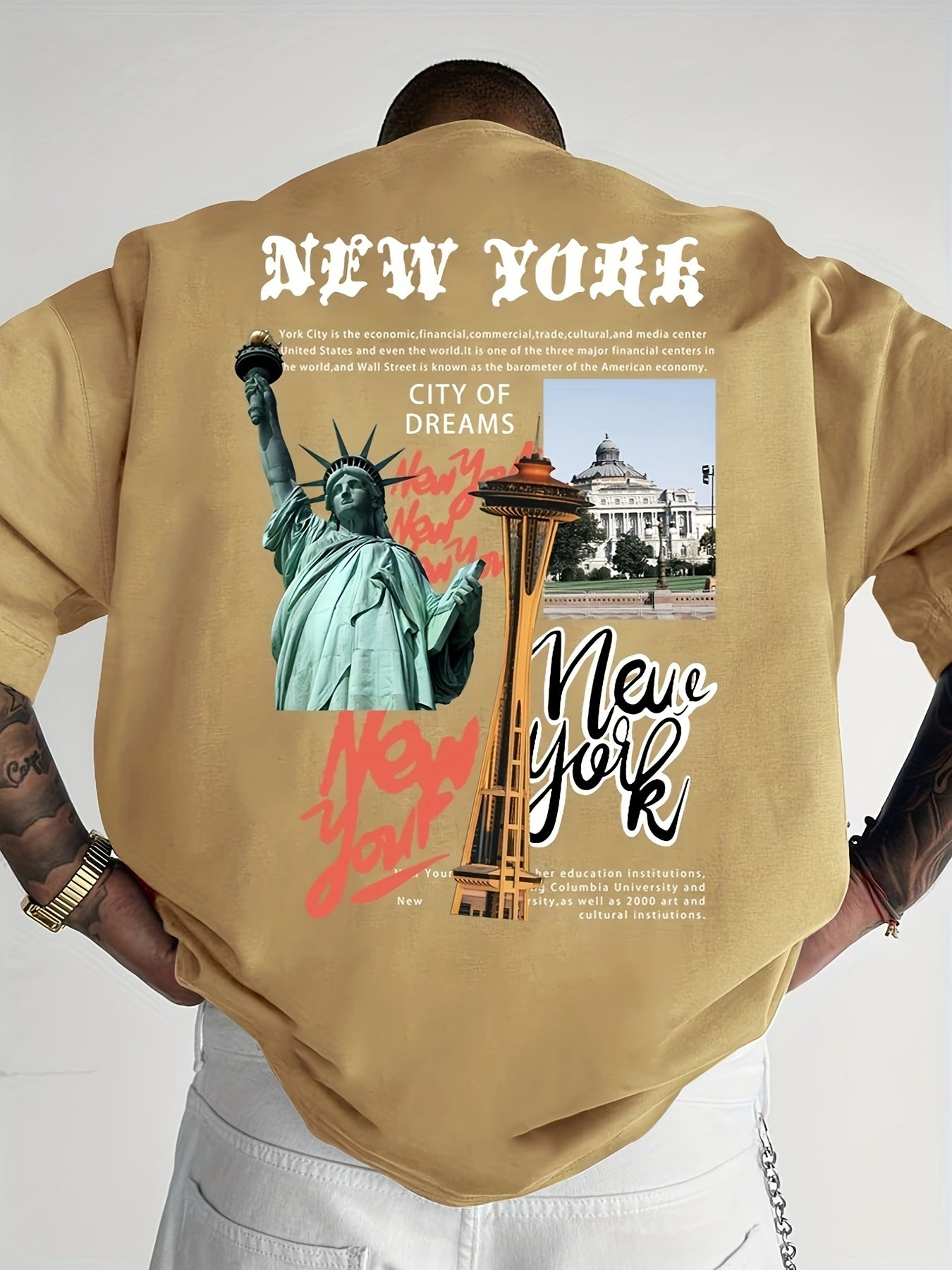 Men's Casual Statue of Liberty & Letter Print T-Shirt - Loose Fit, Breathable Polyester, Round Neck - Perfect for Summer