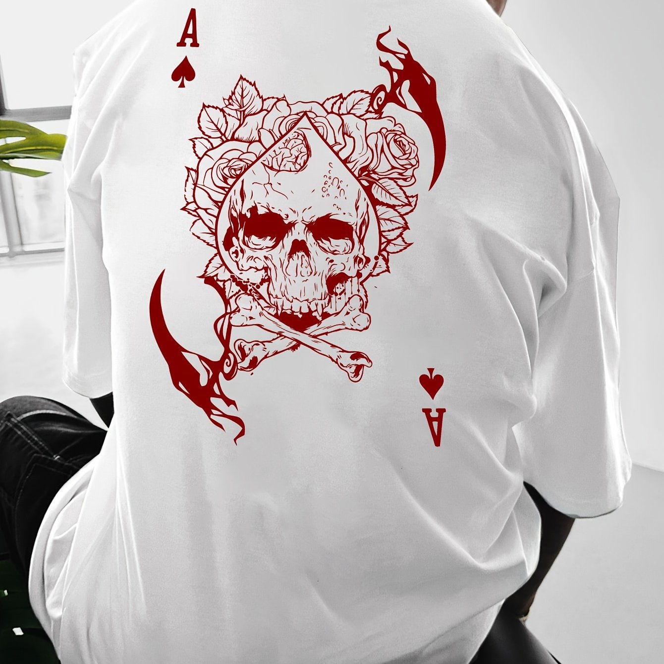 Men's Casual Hip-Hop Street Style Death Skull Ace of Spades Print T-Shirt - Loose Fit, Round Neck, Polyester Knit Fabric, Summer Collection