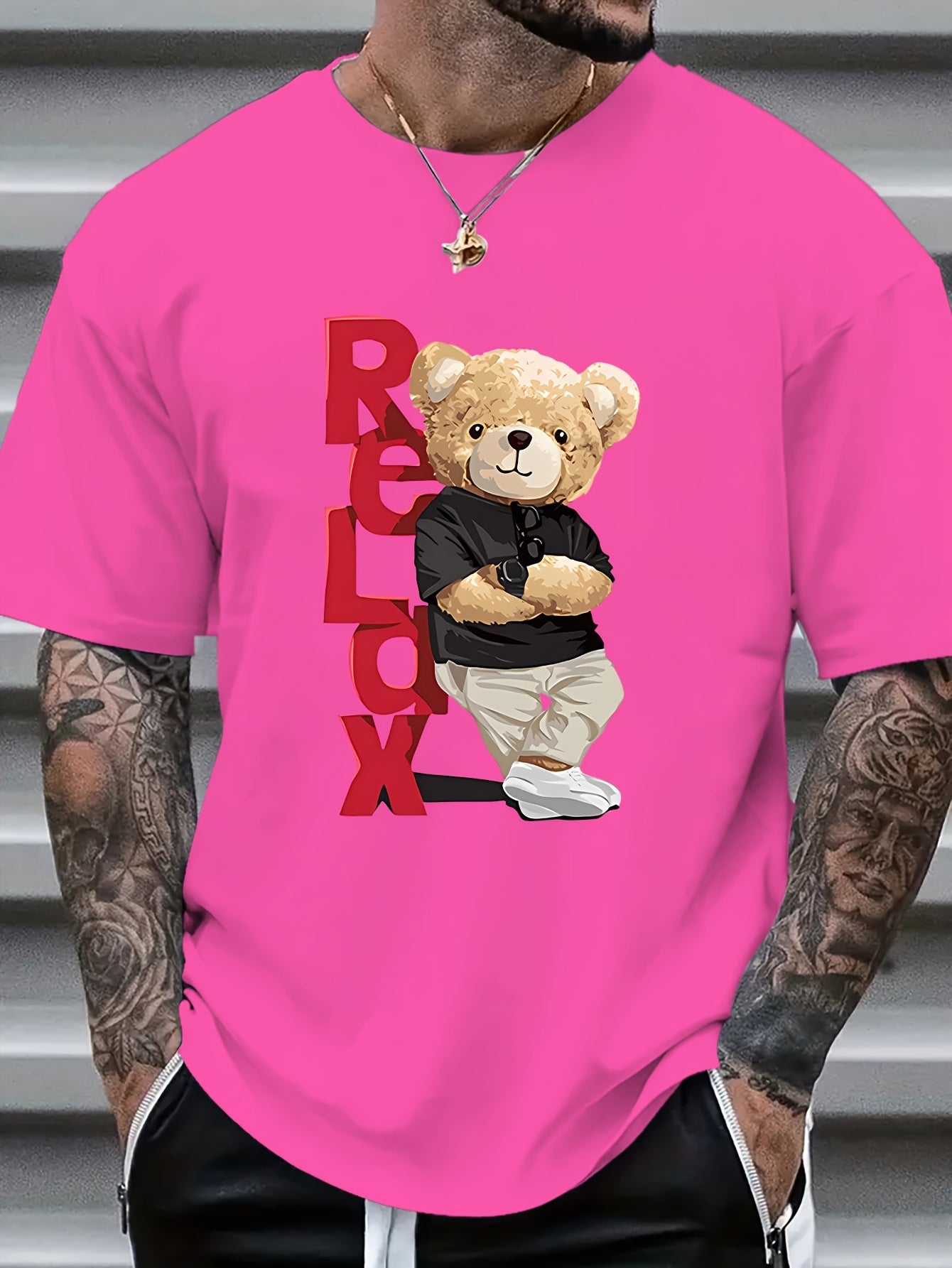 Men's Trendy Bear Print Short Sleeve T-Shirt - Comfortable Polyester Blend, Round Neck, Machine Washable for Summer, Leisure Style, Conventional Version, Summer