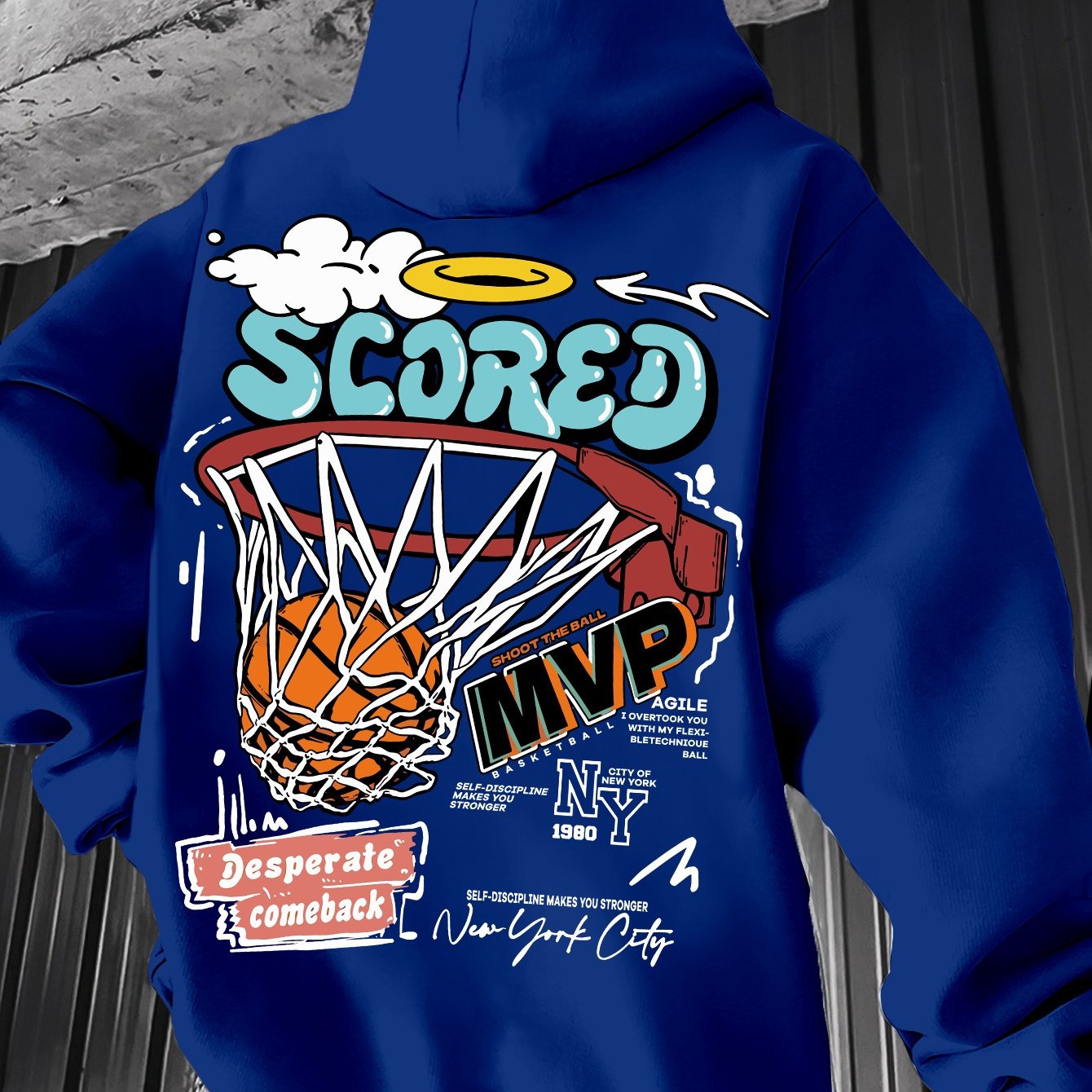 Spring/Fall Casual MVP Basketball Graphic Hoodie for Men - Knitted Fabric Regular Fit with Slight Stretch - Polyester & Elastane Blend, Geometric-Pattern, Hooded Pullover - Fashion Sportswear