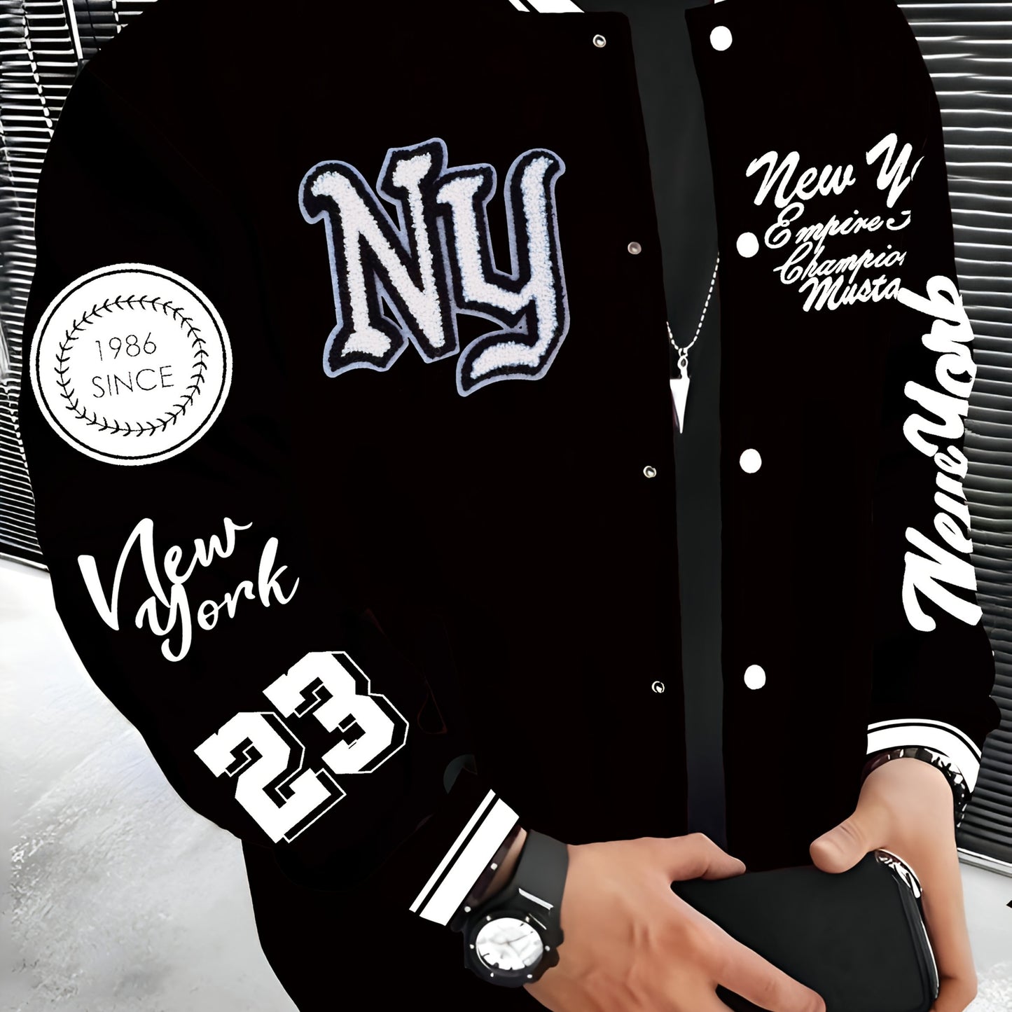 New York Embroidered Varsity Jacket - Men's Casual Fleece-Lined Baseball Coat, Lightweight & Warm for Fall/Winter, Machine Washable, Autumn, Hip Hop, Christmas & New Year, Leisure Style, Leisure Outing Occasion, Conventional