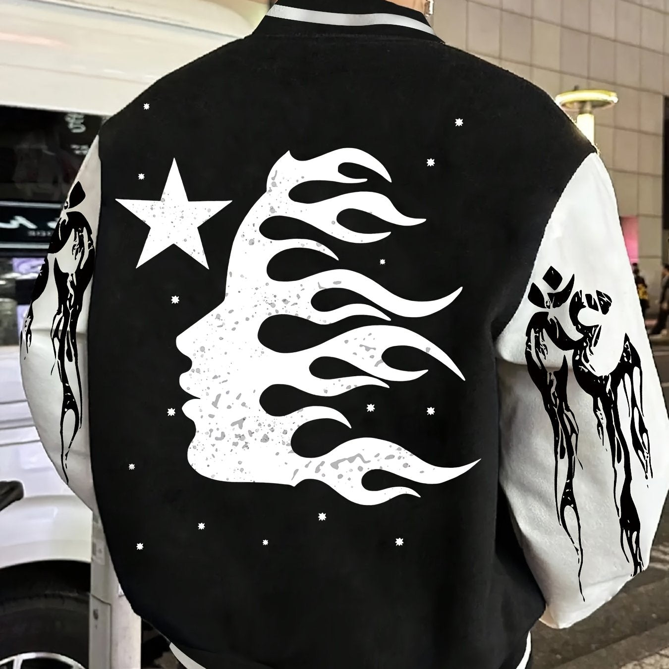 Men's Star & Woman Print Varsity Jacket - Casual Long Sleeve Baseball Collar Coat for Fall/Winter, Machine Washable