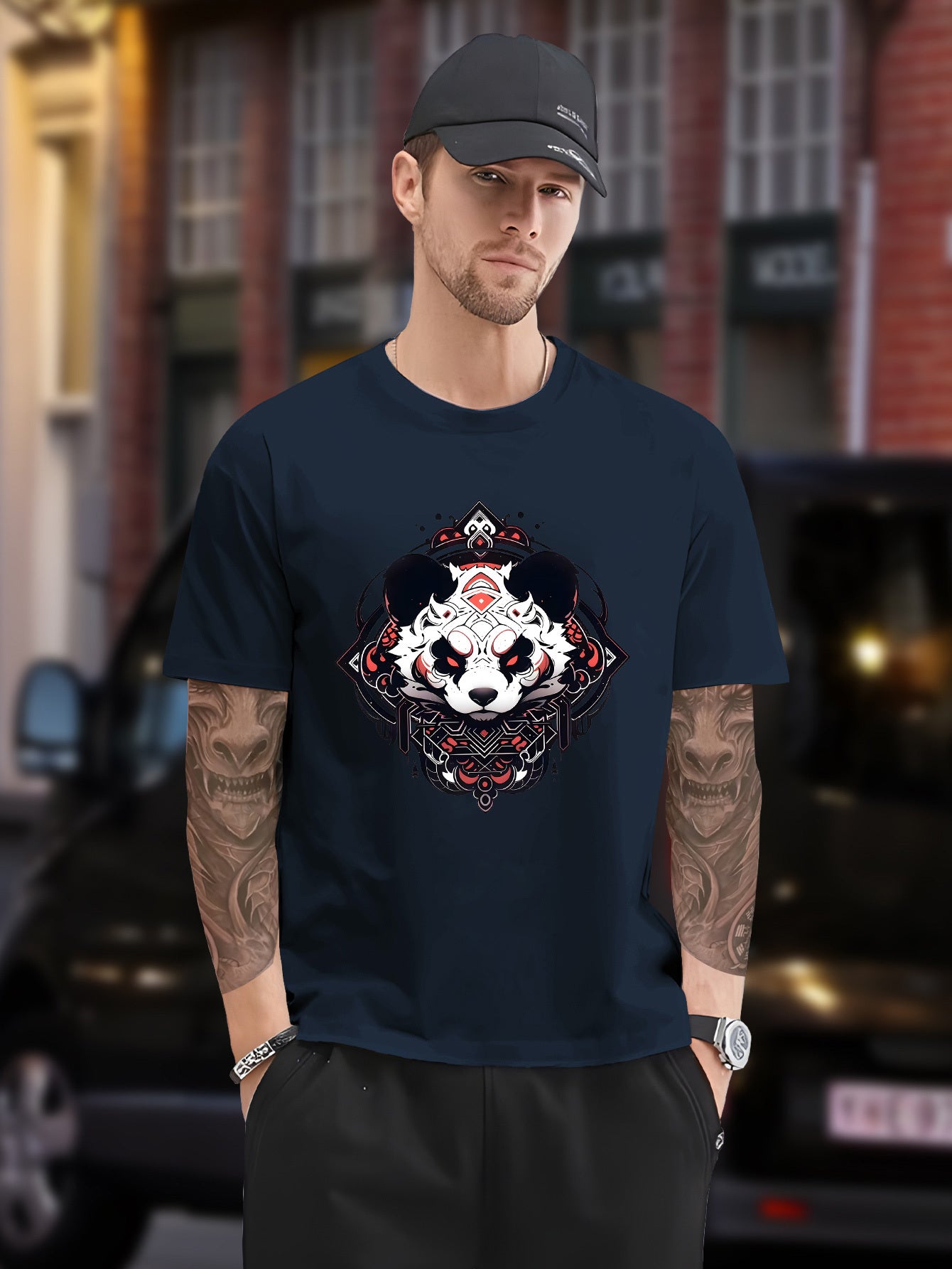 Men's Plus Size Black T-Shirt with Panda Graphic - Casual, Non-Stretch Polyester, Crew Neck, Short Sleeve Tee for Summer, Oversized T Shirt