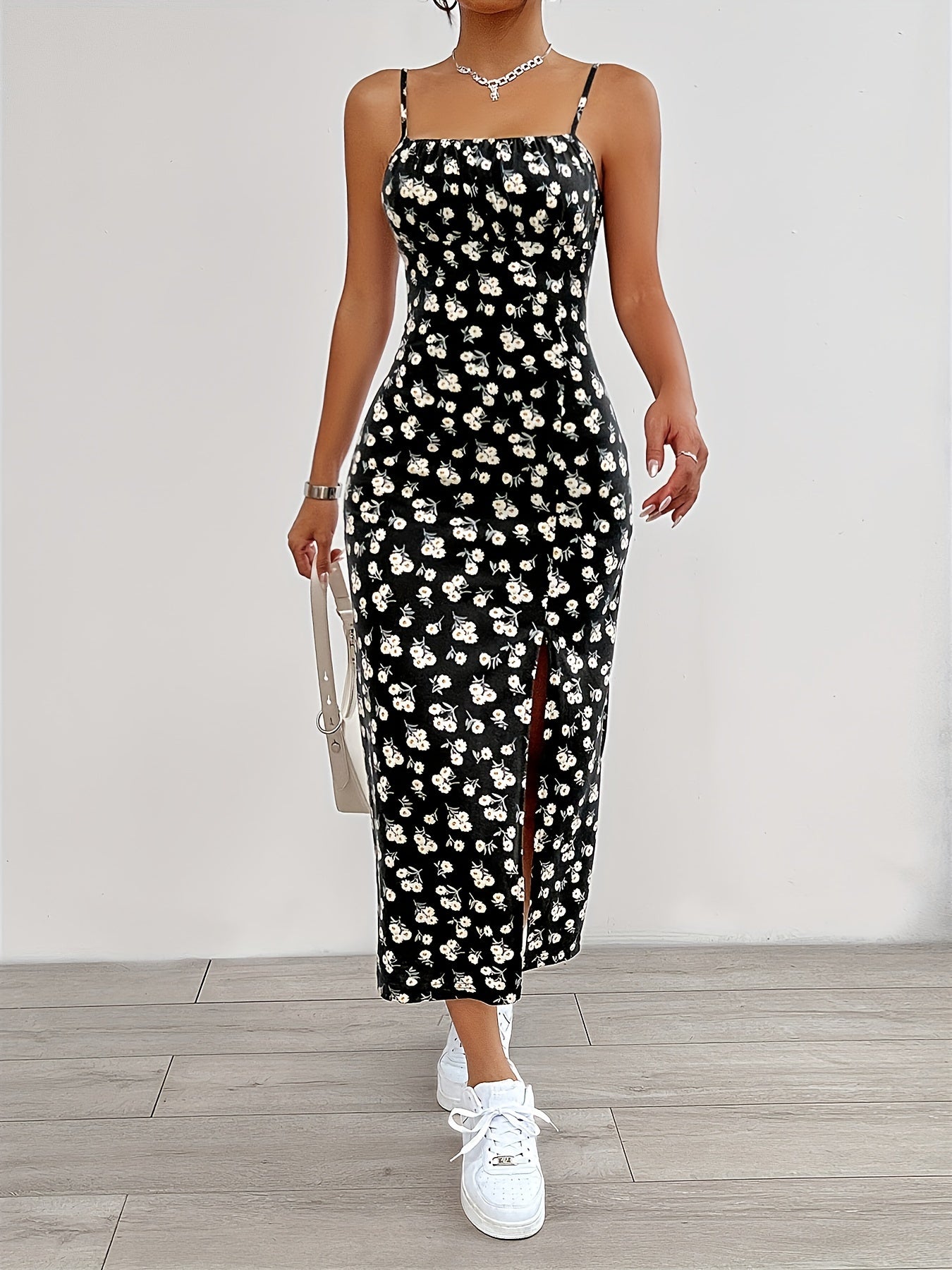 Elegant Floral Print Split-Thigh Cami Dress - Chic Spaghetti Strap, Stretchy Polyester Blend, Machine Washable - Perfect for Spring/Summer