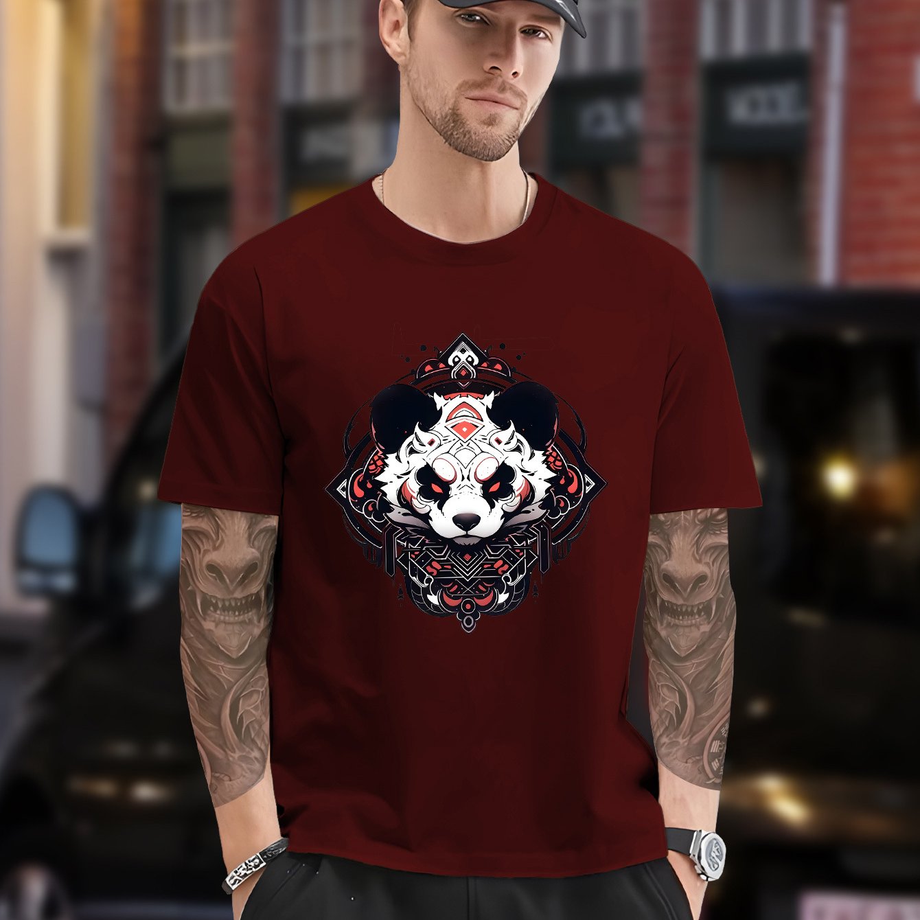 Men's Plus Size Black T-Shirt with Panda Graphic - Casual, Non-Stretch Polyester, Crew Neck, Short Sleeve Tee for Summer, Oversized T Shirt