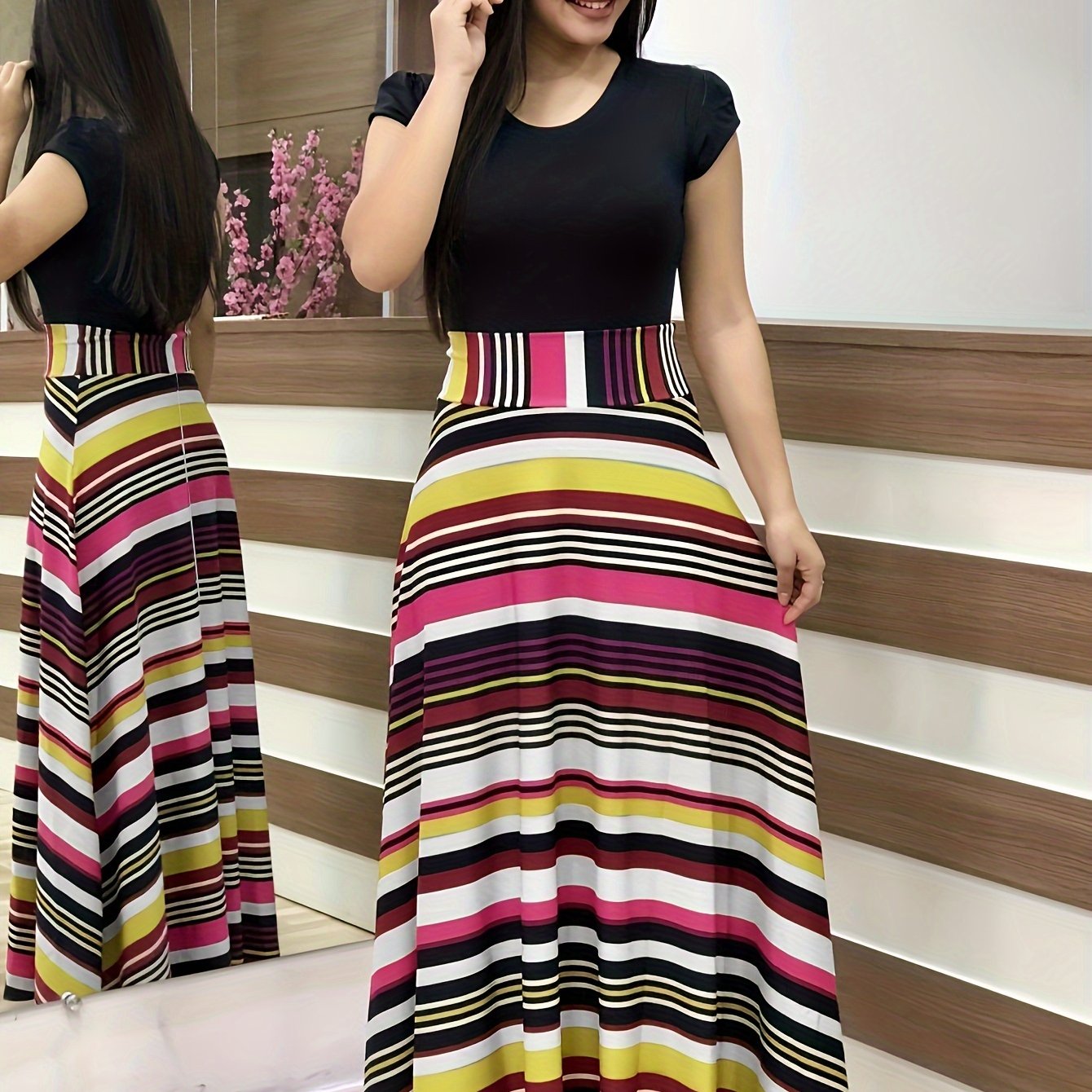 Floral Print Splicing Maxi Dress, Casual Crew Neck Short Sleeve Dress For Spring & Summer, Women's Clothing