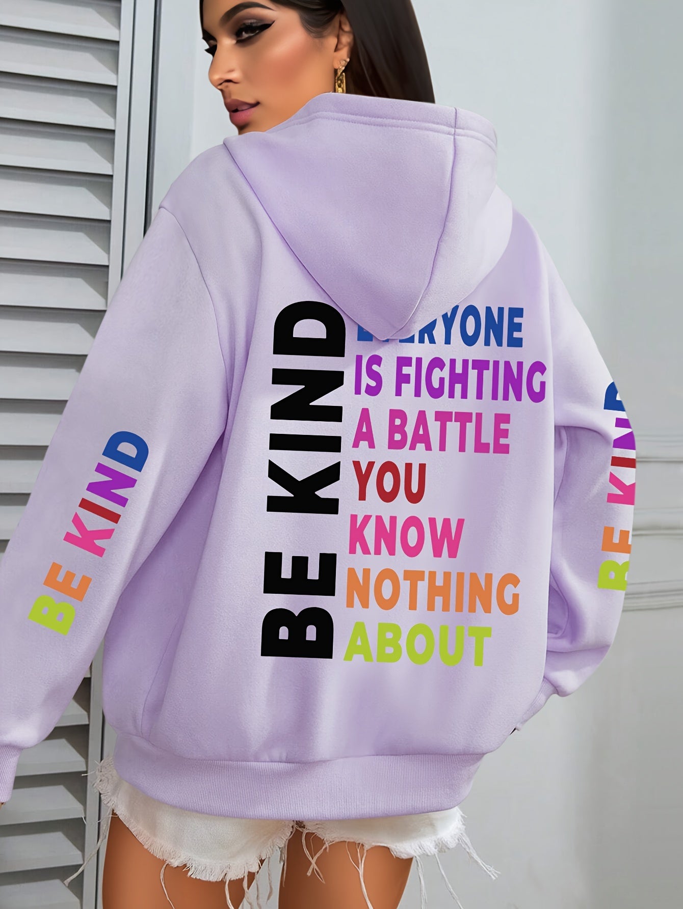 1pc Women'S Plus Size Casual Hoodie with "Be Kind" Print, Long Sleeve Pullover Sweatshirt with Pocket, Knit Polyester Fabric, Slight Stretch, Alphabet Pattern, Hooded Collar - Fall/Winter Clothing
