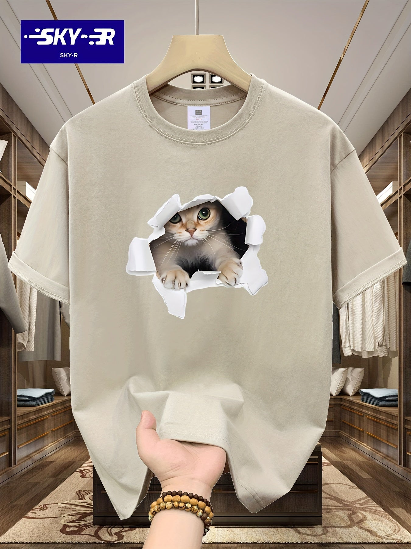 Men's 100% Cotton Loose Cat Graphic Print T-shirt, Short Sleeve Crew Neck Tee, Men's Clothing For Summer Outdoor