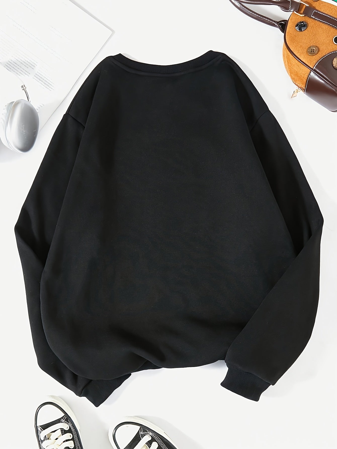 Women'S Long Sleeve Round Neck Sweatshirt with Bear Print, Casual Sports Hoodie, Polyester, Solid Color, No Belt, All-Season, Knitted Fabric, Adult Top