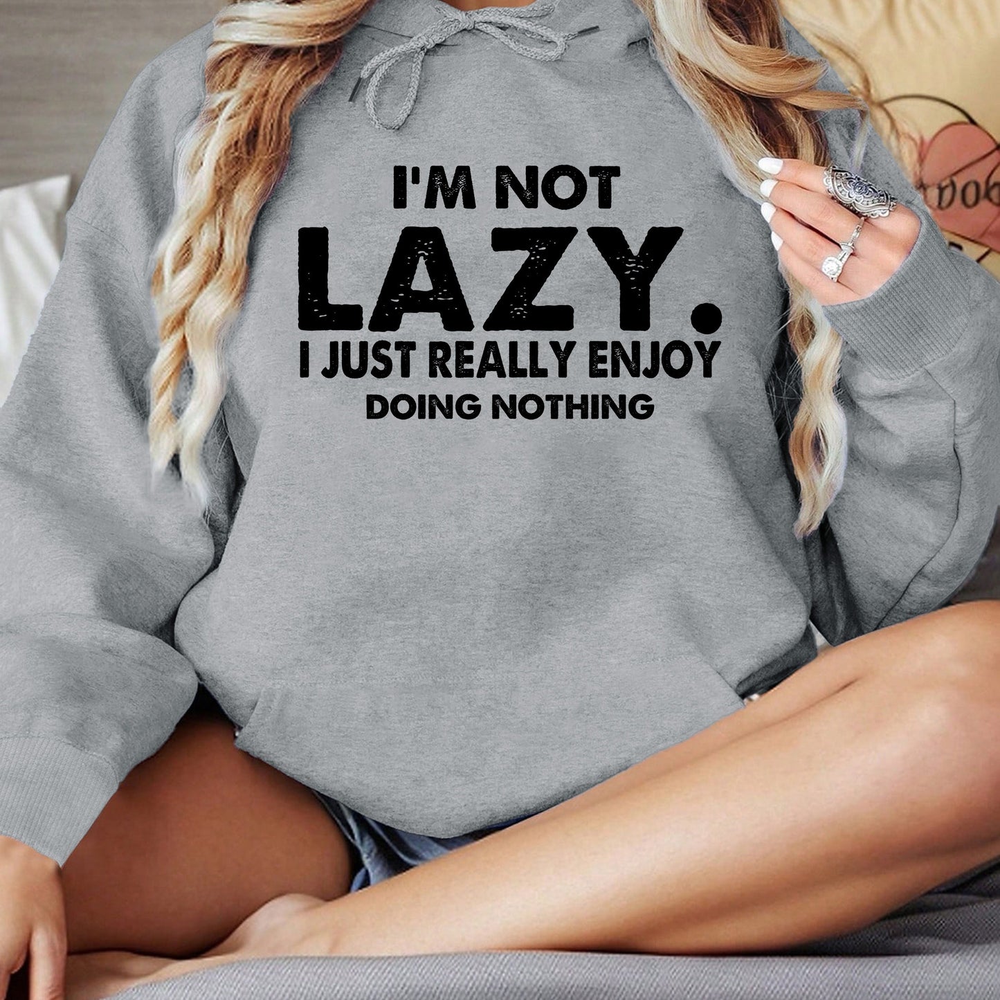 I'm Not Lazy Print Hoodie, Casual Long Sleeve Kangaroo Pocket Drawstring Hoodie Sweatshirt, Women's Clothing