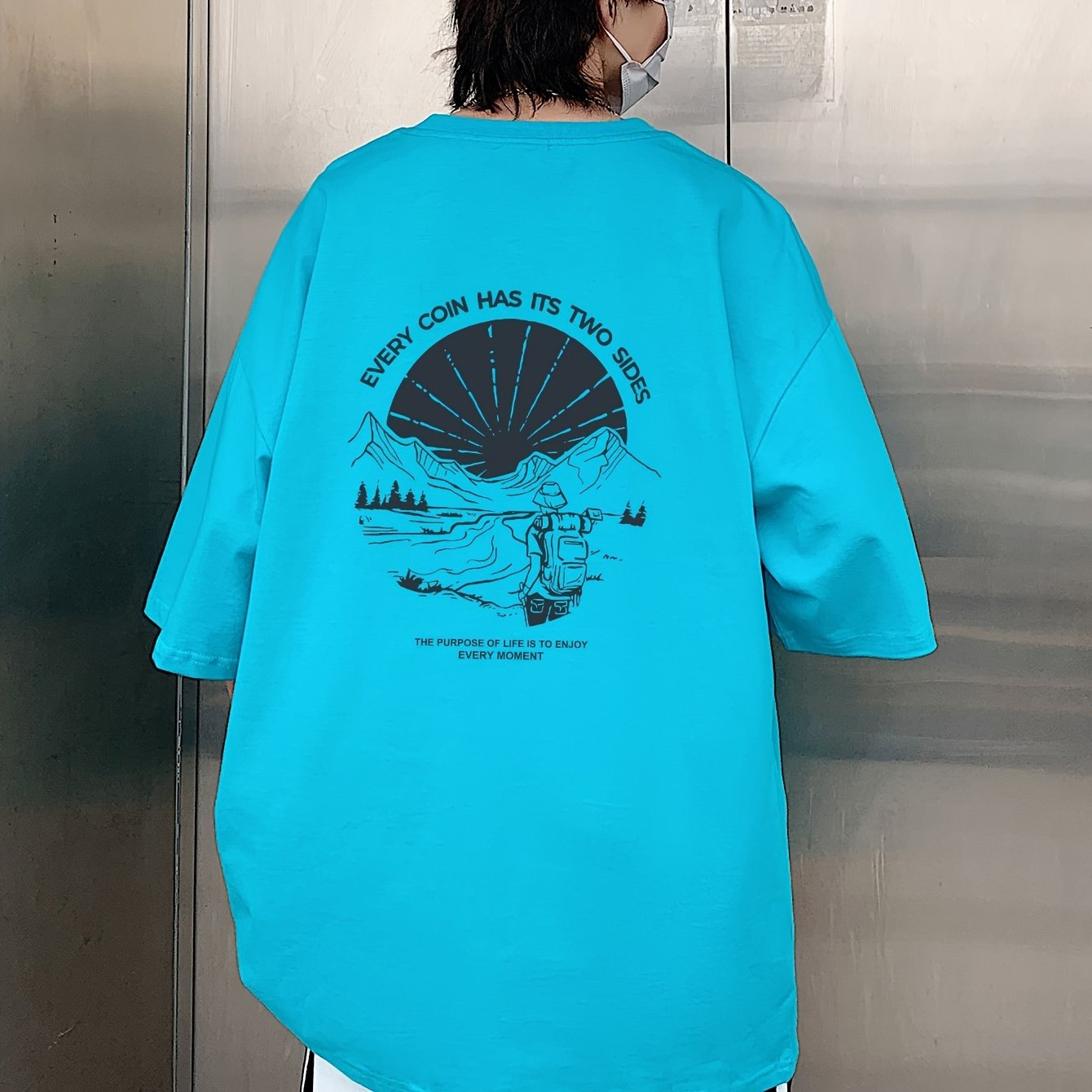 Men's Loose 100% Cotton Mountain Graphic Print T-shirt, Casual Short Sleeve Crew Neck Tee, Men's Clothing For Summer Outdoor