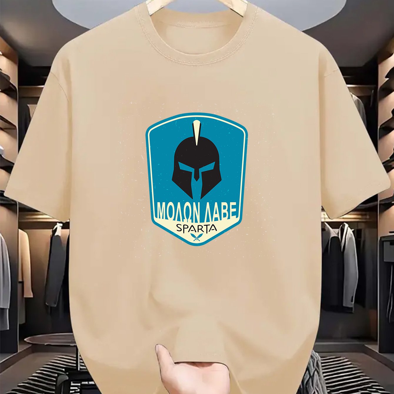 Men's SPARTA Graphic Tee - Beige Crew Neck Short Sleeve T-Shirt with Blue Spartan Helmet Design, 100% Polyester, Casual Summer Wear for Everyday & Special Occasions, Cool Oversized Tee Shirts