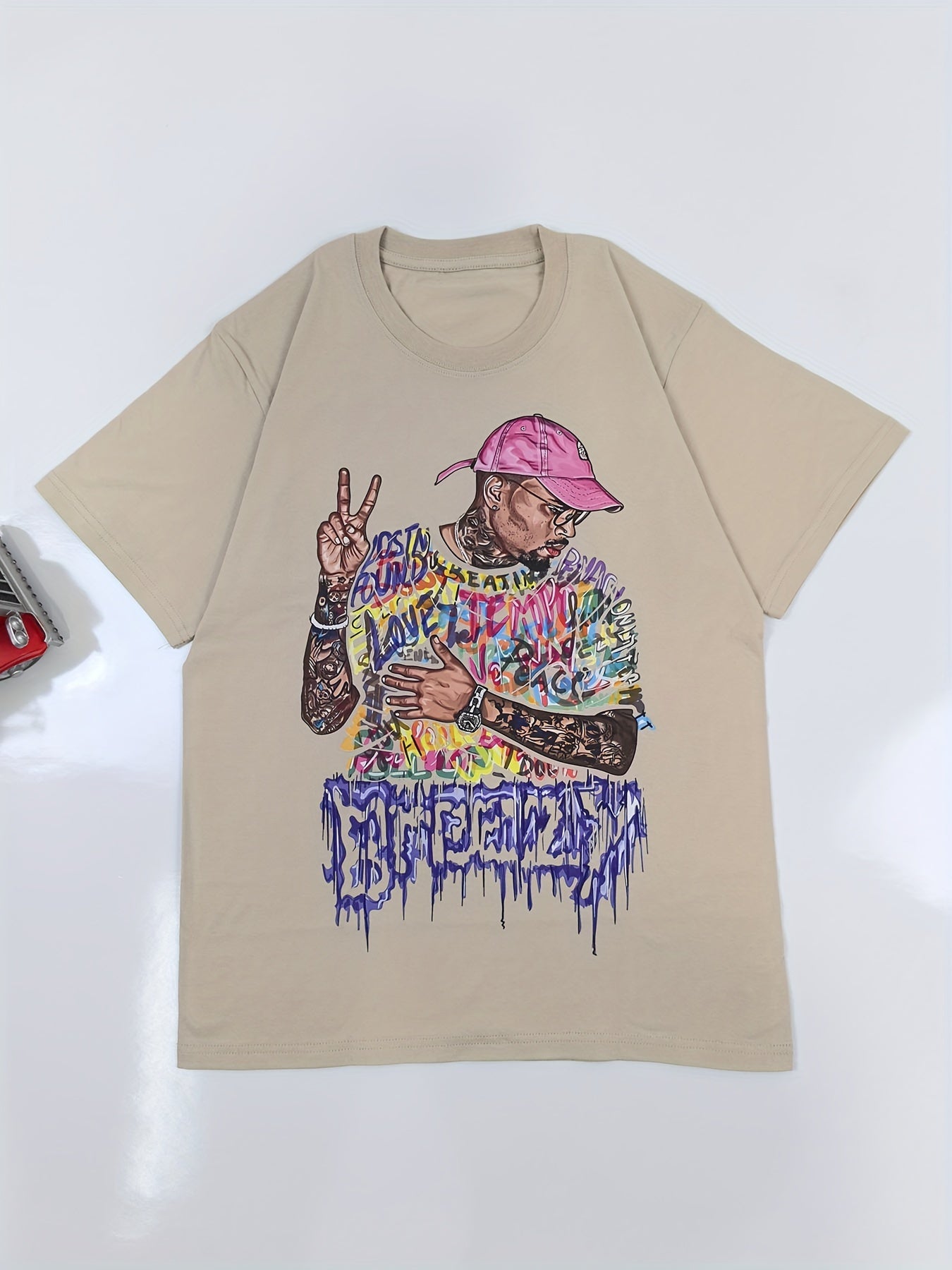 Men'S Hip Hop Man Print T-Shirt, Cotton, Vintage Style, Round Neck, Soft And Breathable, Summer Casual Wear For Adults