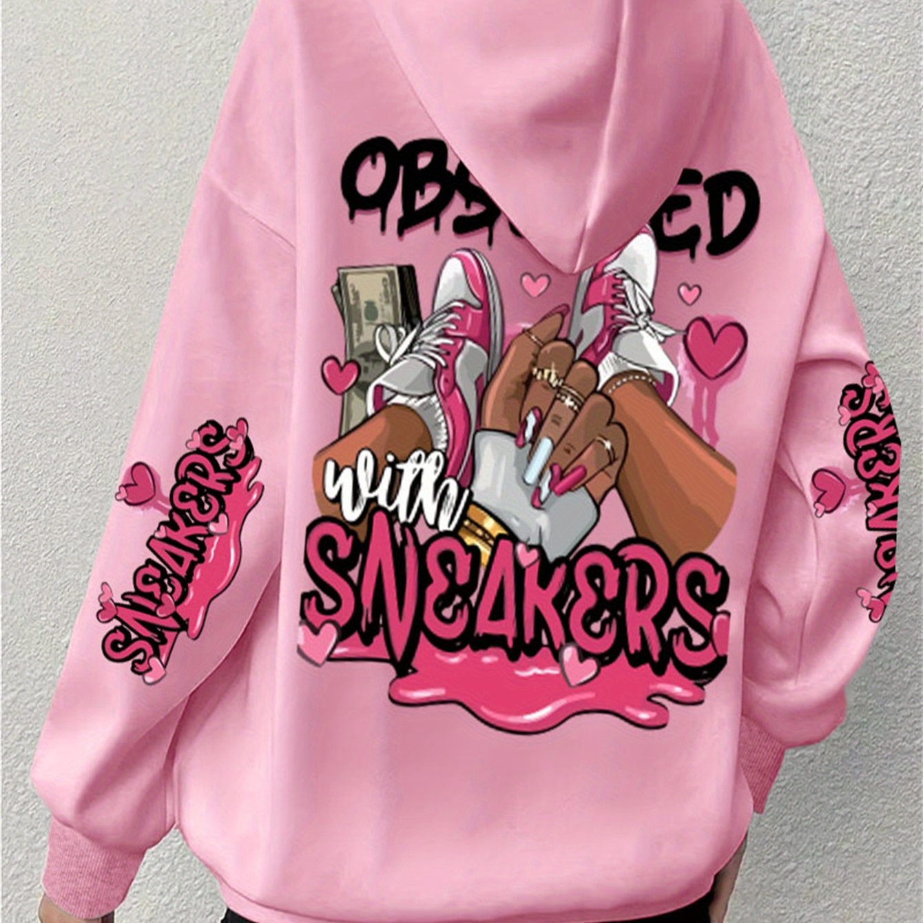 Casual Plus Size Hoodie with Long Sleeve Letter Print, Polyester Knit Pullover - Machine Washable, Hoodie Plus Size