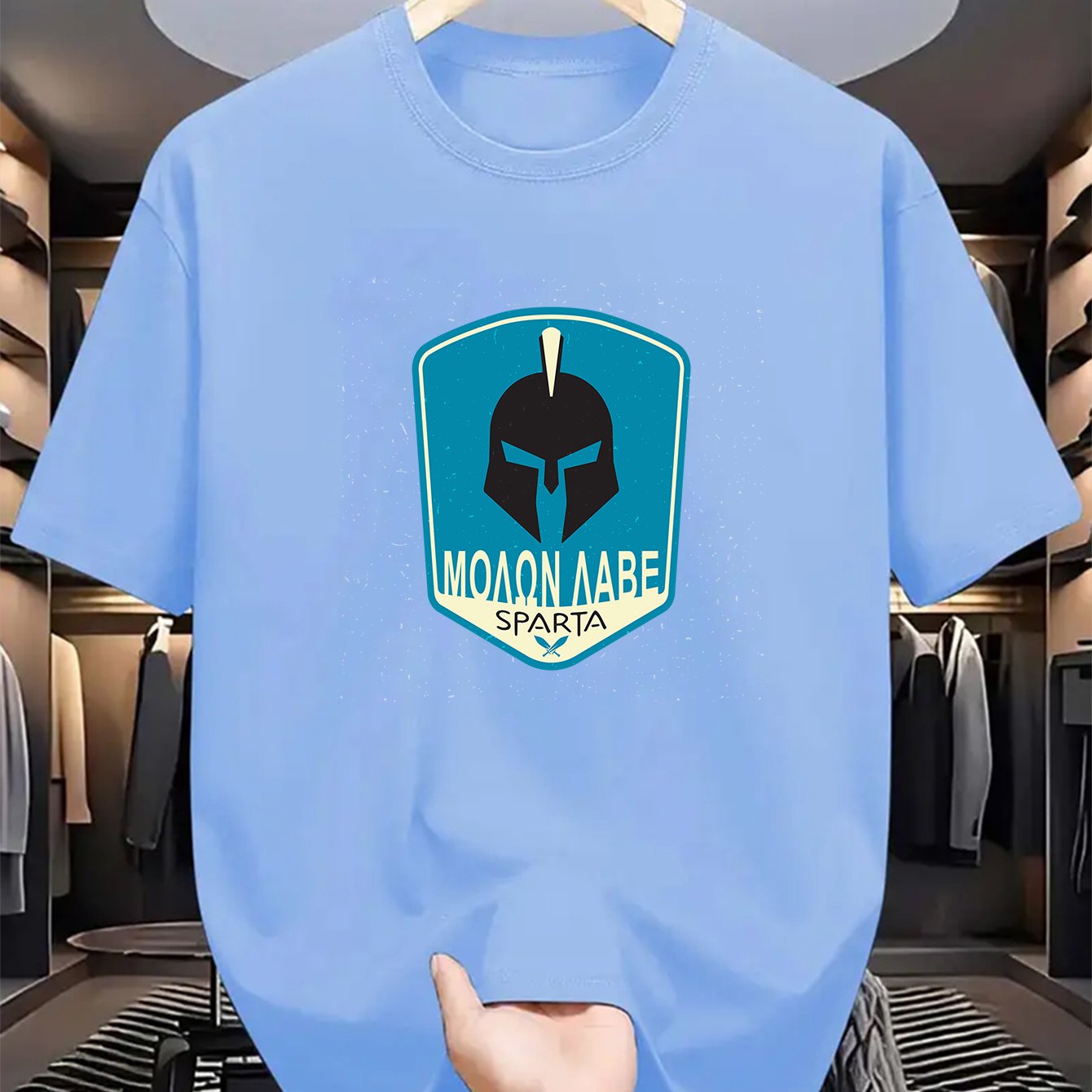 Men's SPARTA Graphic Tee - Beige Crew Neck Short Sleeve T-Shirt with Blue Spartan Helmet Design, 100% Polyester, Casual Summer Wear for Everyday & Special Occasions, Cool Oversized Tee Shirts