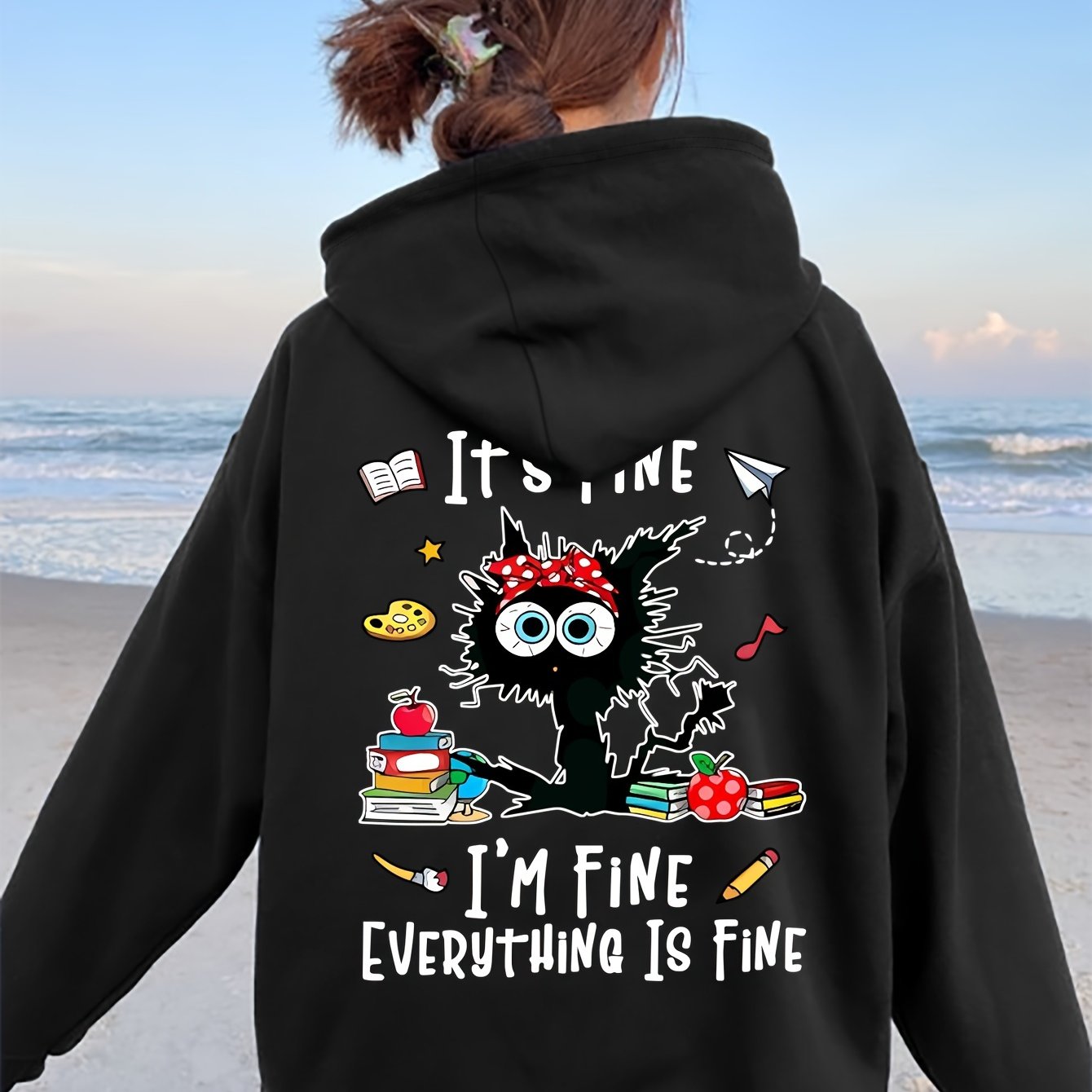 Cozy Cat & Letter Print Hoodie for Women - Casual Pullover with Kangaroo Pocket, Soft Stretch Polyester, Perfect for Fall/Winter