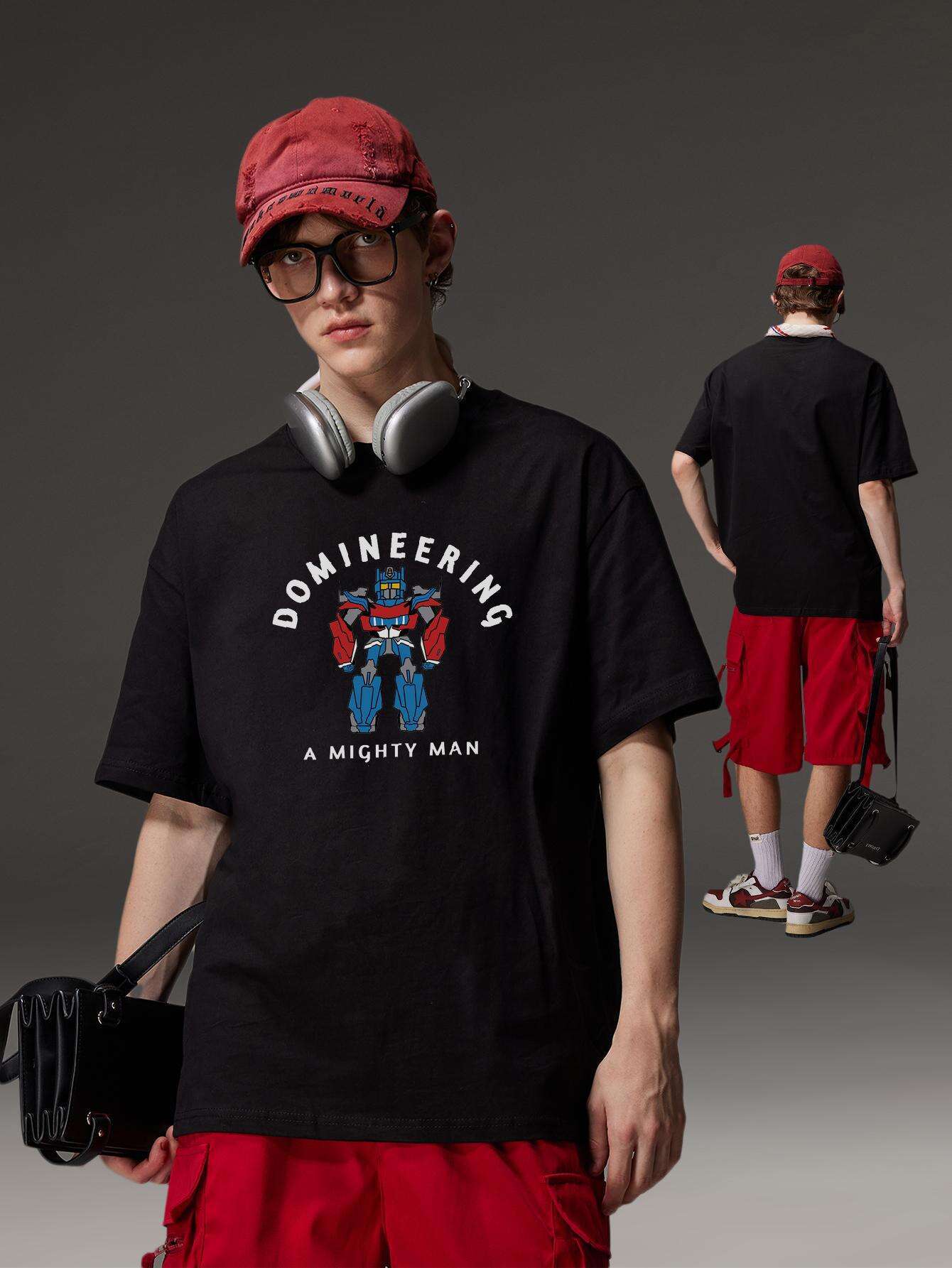 PRIVATHINKER "Domineering A Mighty for Man" Graphic Tee - 100% Cotton, Oversized Casual Hip Hop Style, Short Sleeve T-Shirt with Robot Print, Summer Streetwear for Men and Women