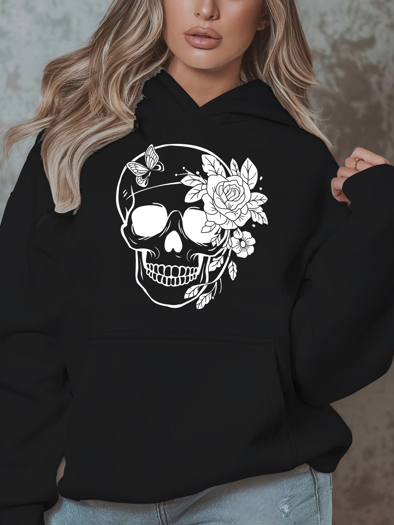 1pc Women'S Plus Size Casual Hoodie with Floral Skull Print, Polyester Knit Sweatshirt, Long Sleeve Pullover with Pockets, Letter Pattern, Round Neck Hooded Top, with Autumn/Winter Fashion