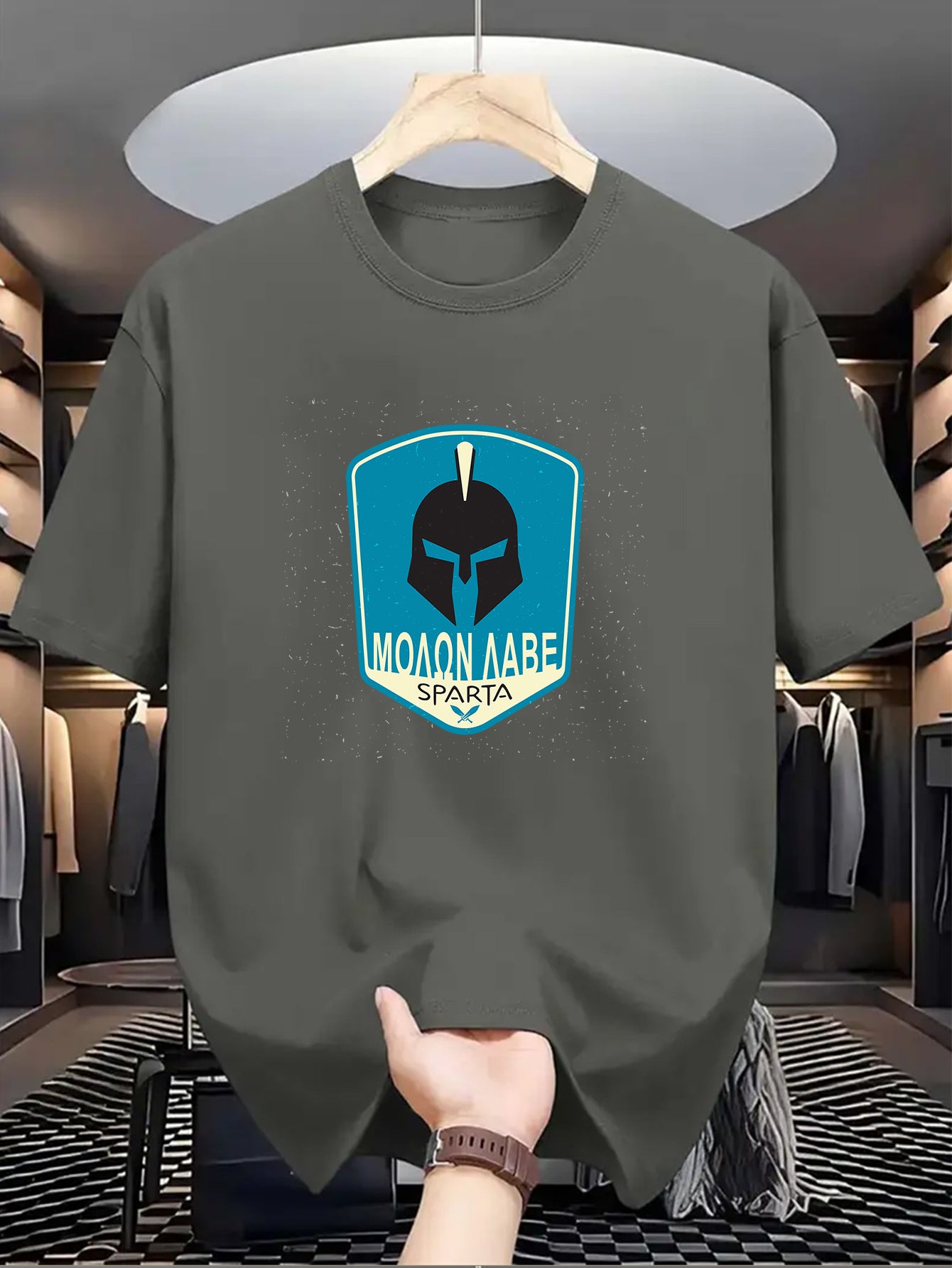 Men's SPARTA Graphic Tee - Beige Crew Neck Short Sleeve T-Shirt with Blue Spartan Helmet Design, 100% Polyester, Casual Summer Wear for Everyday & Special Occasions, Cool Oversized Tee Shirts