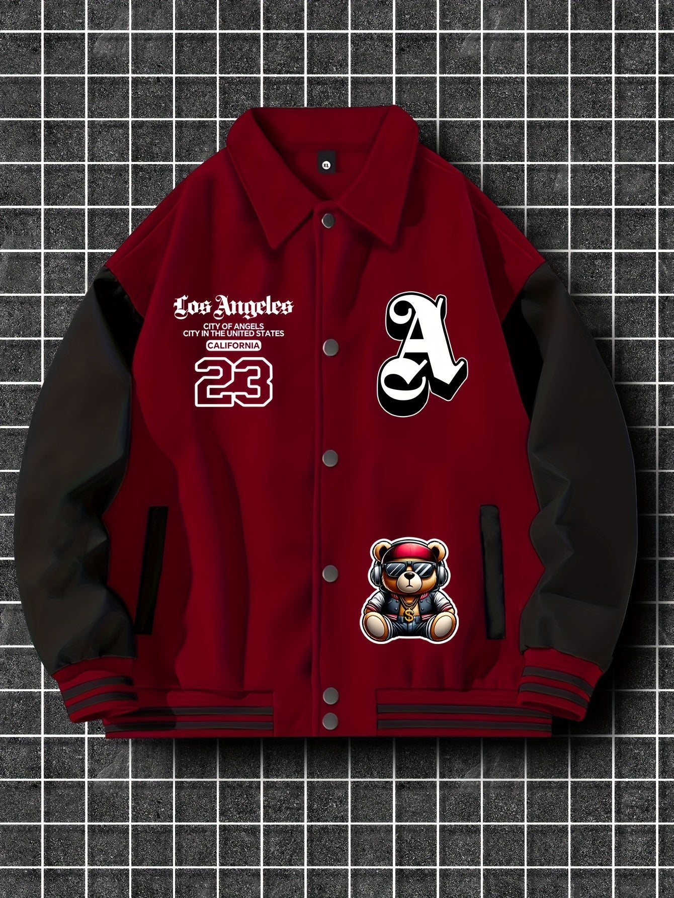 Men'S Casual Polyester Lightweight Jacket, American Streetwear Baseball Style with Random Print, Collar, Pockets, Regular Fit, Knit Fabric