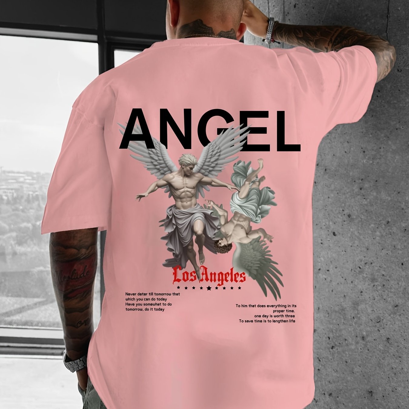 Men's Casual Streetwear T-Shirt with Geometric Angel Design - Loose Fit, Polyester, Machine Washable - Summer Collection