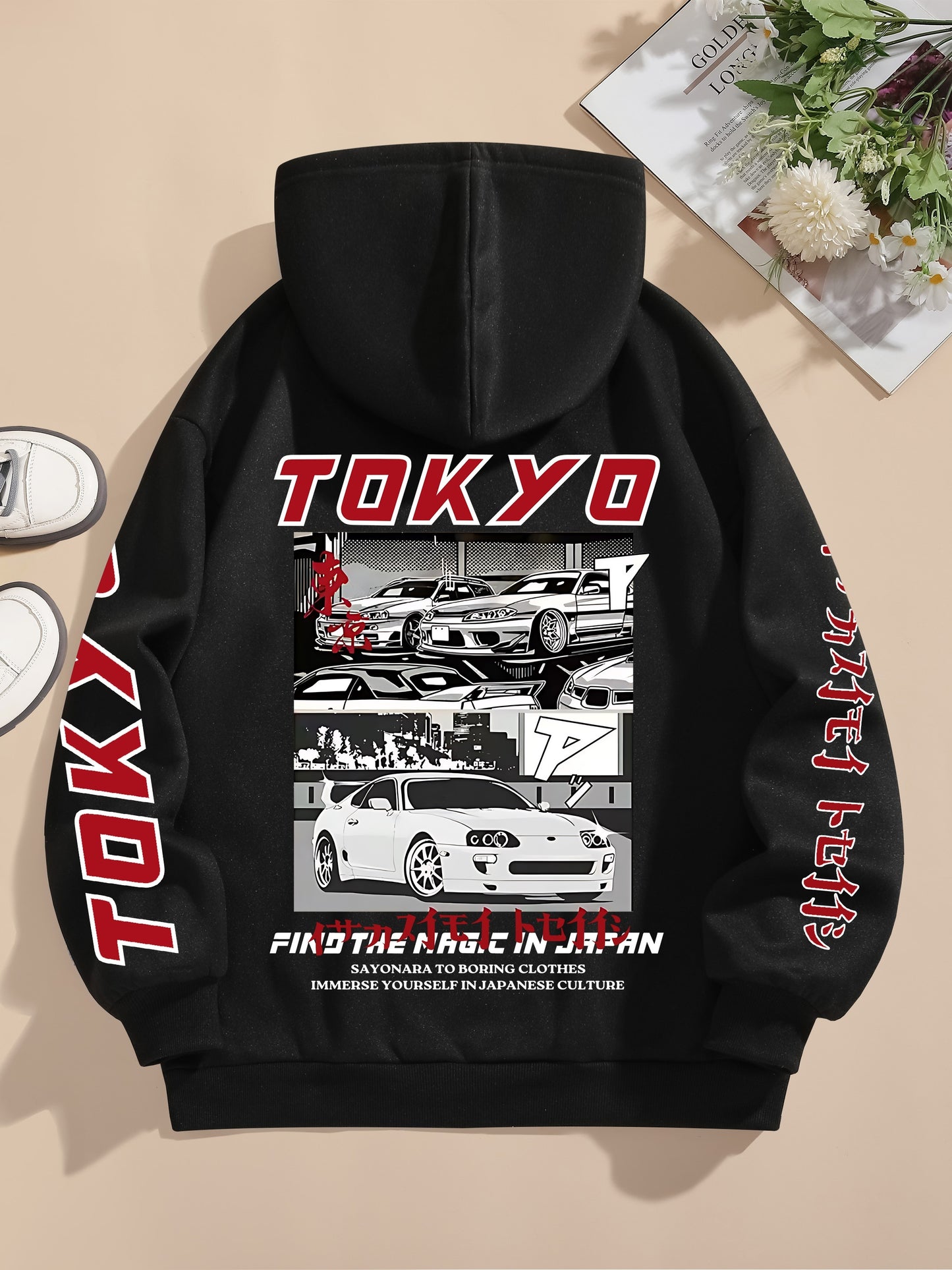 Tokyo Graphic Print Casual Hoodie for Women - 100% Polyester Knit Fabric with Drawstring Hood, Geometric Pattern, All-Season Comfort