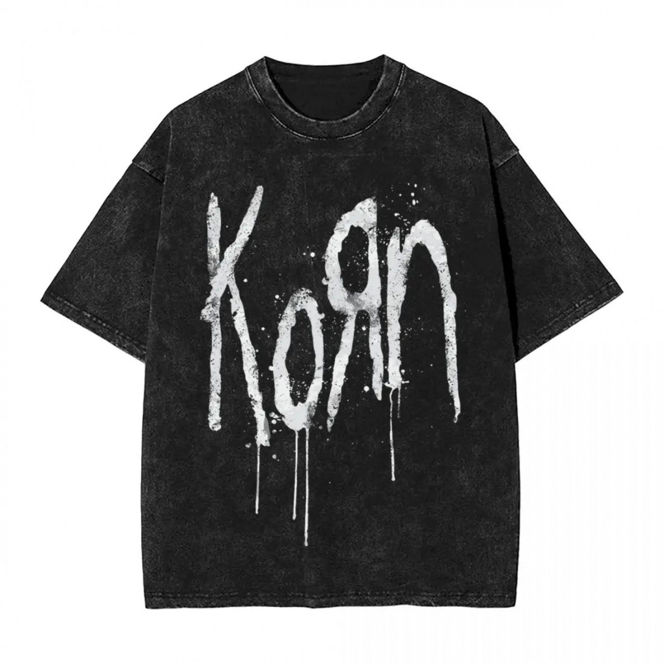 Korn Band Inspired Oversized T-Shirt - 100% Cotton, Black with White Dripping "KON" Print, Short Sleeve, Round Neck - Hip Hop Streetwear for Men & Women