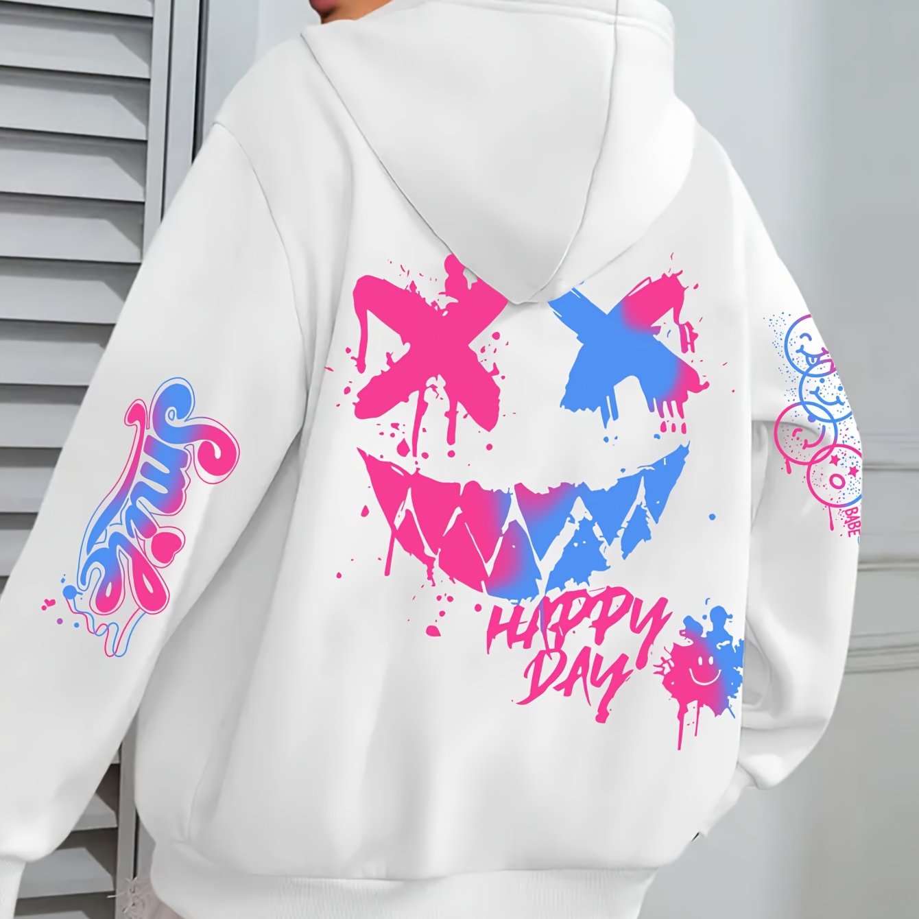 1pc Street Style Graffiti Print Hoodie for Women, Plus Size Casual Polyester Sweatshirt with Letter Applique, Knitted Pullover with Drawstring Hood for Autumn/Winter