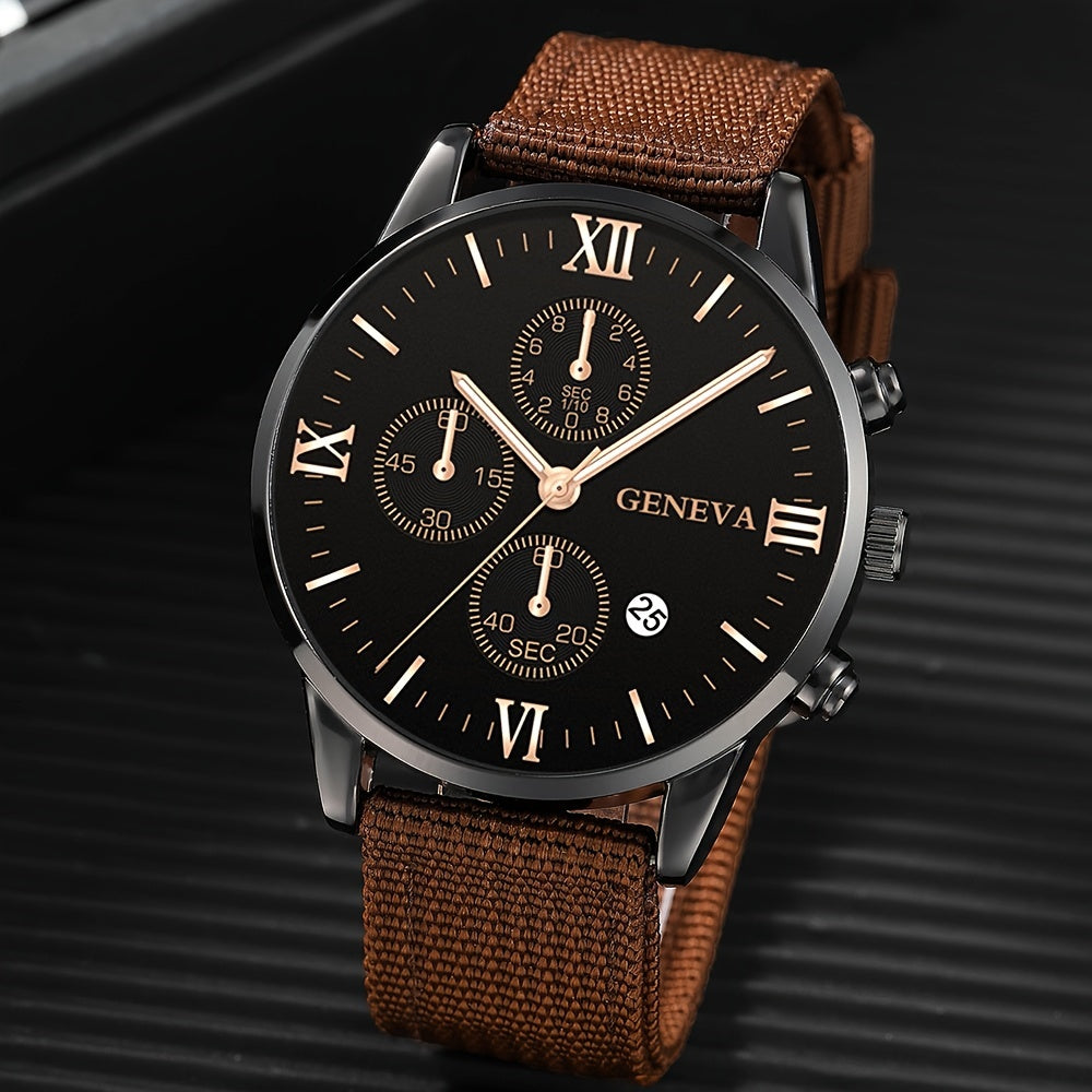 Middle East, Ramadan Men Watch 1pcs Men's Black Nylon Strap Casual Industrial Style Round Dial Calendar Pointer Quartz Watch And 3pcs Bracelets Watch for Men Suitable for Men Party Birthday Wear Or As Brother The Best Gift fo