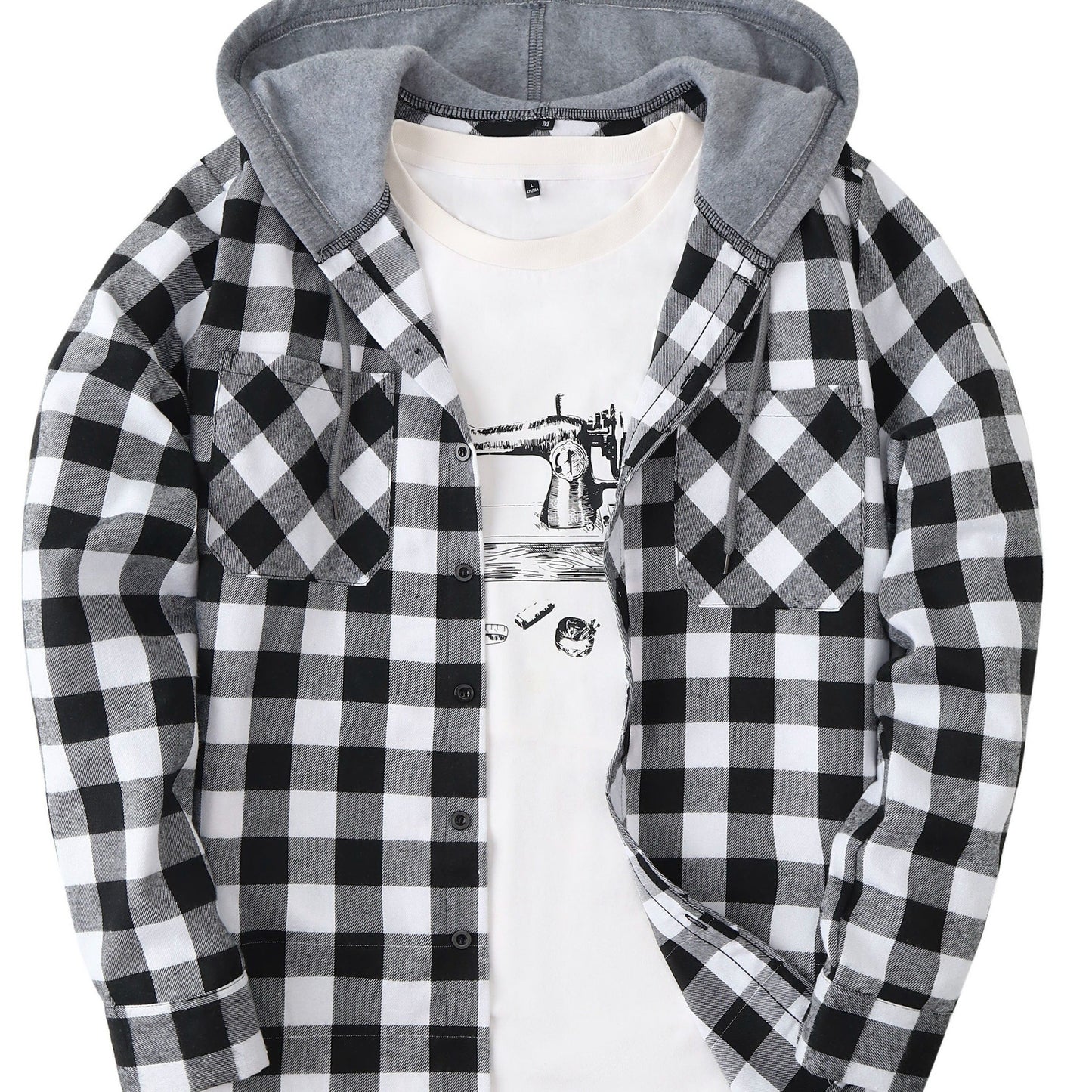 Fashionable Design Men's Plaid Pattern Hooded Long Sleeve And Button Up Shirt Jacket With Pockets, Chic And Trendy Hoodie Jacket For Outdoors Leisurewear