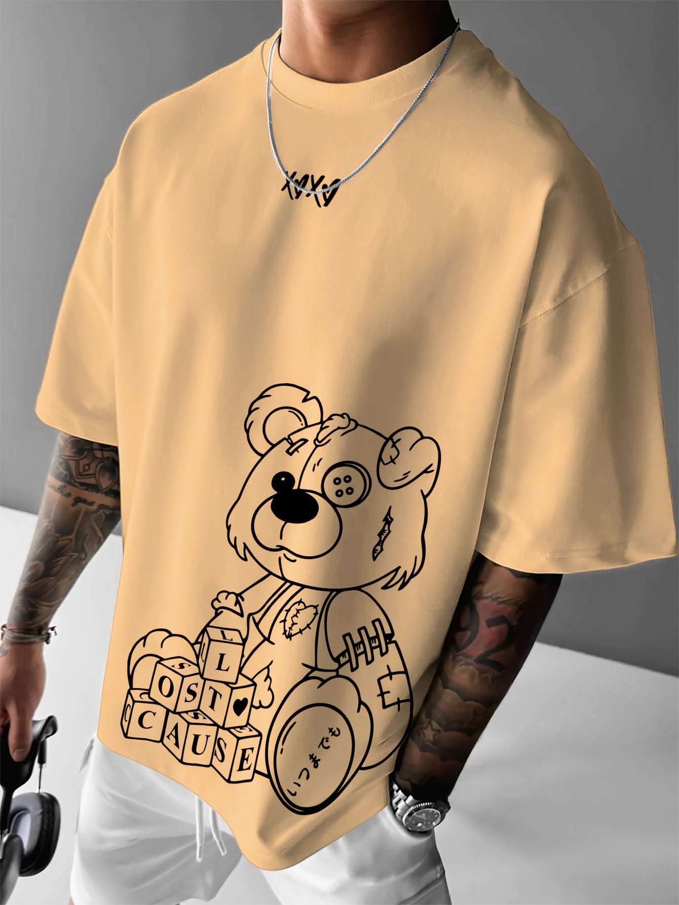 Men'S Casual Loose Short-Sleeve T-Shirt with a Bear Pattern Print.
