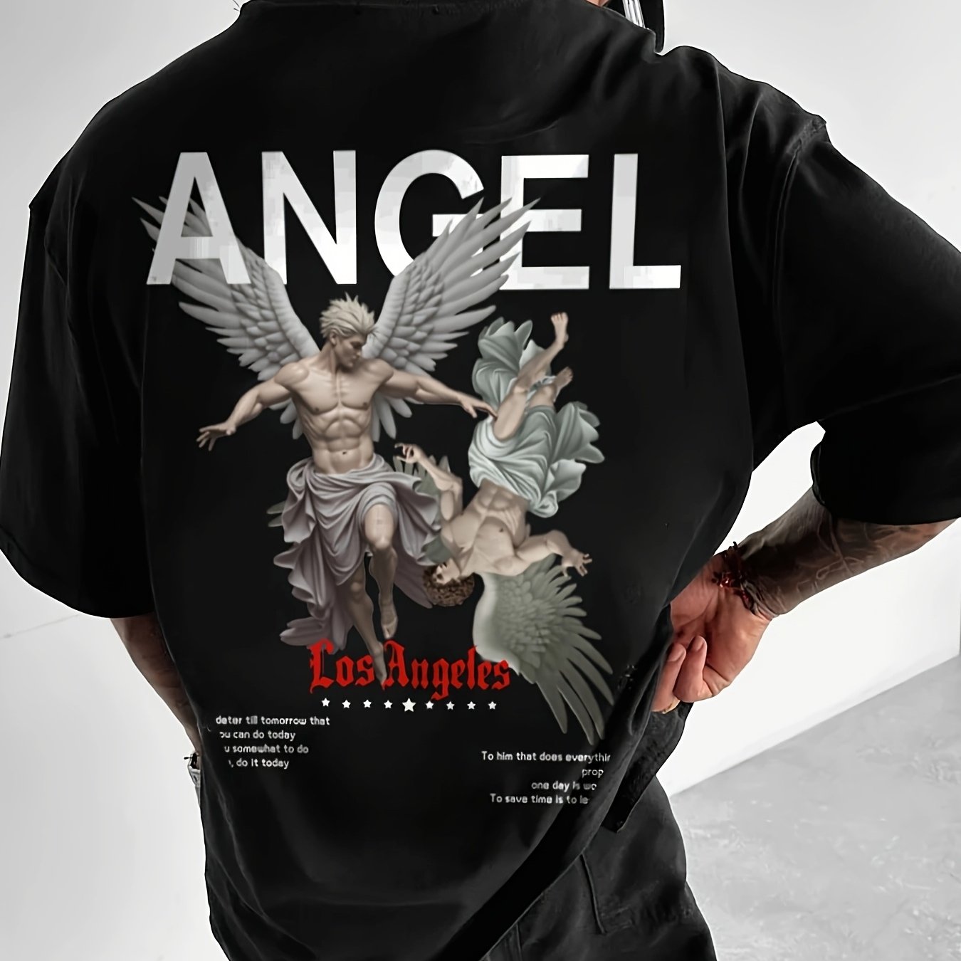Men's Casual Streetwear T-Shirt with Geometric Angel Design - Loose Fit, Polyester, Machine Washable - Summer Collection