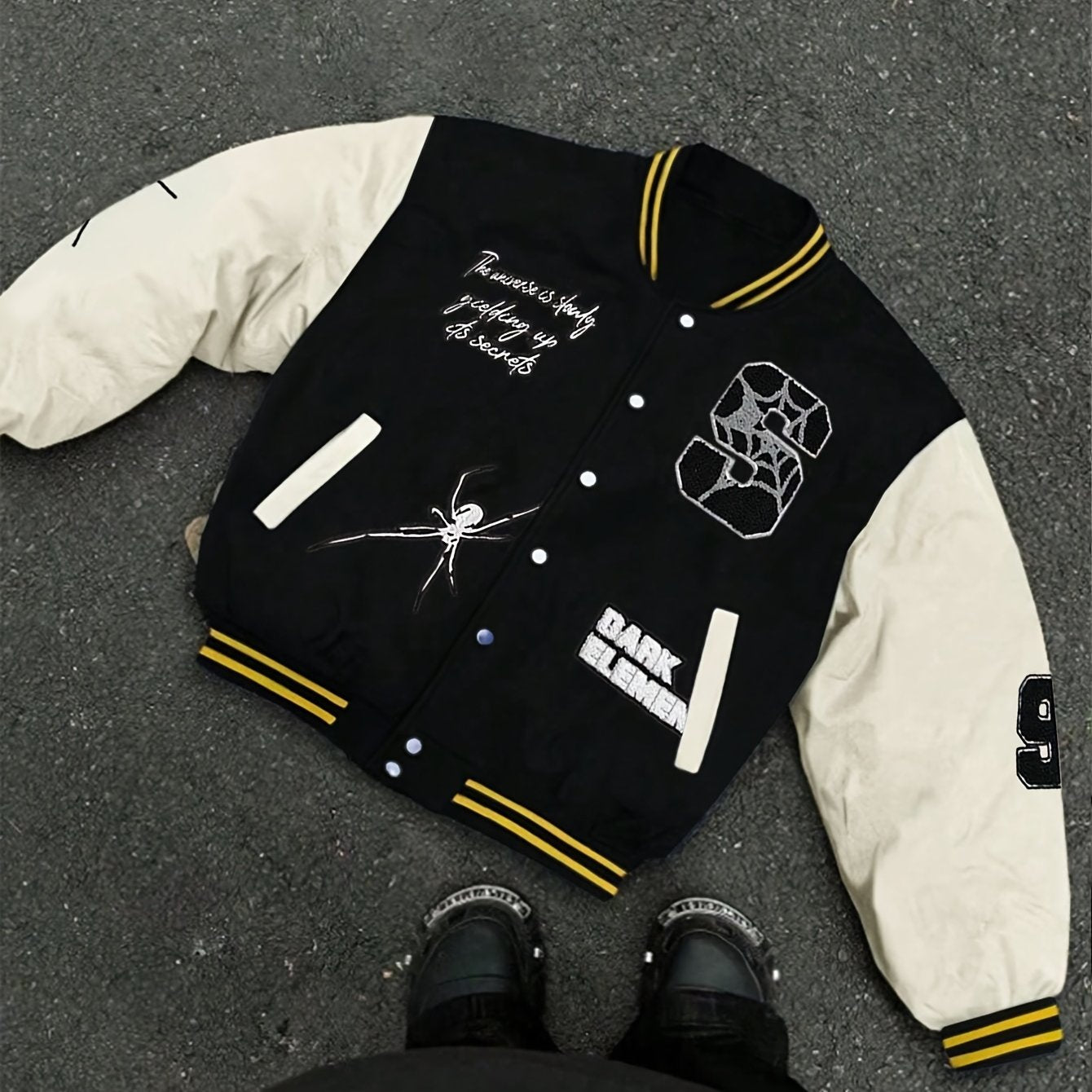 Trendy Fall Fashion Two-Piece Set: Casual Spider & "Remember My Name" Print Baseball Jacket with Pockets - Polyester, Snap Closure, Long Sleeves for Couples