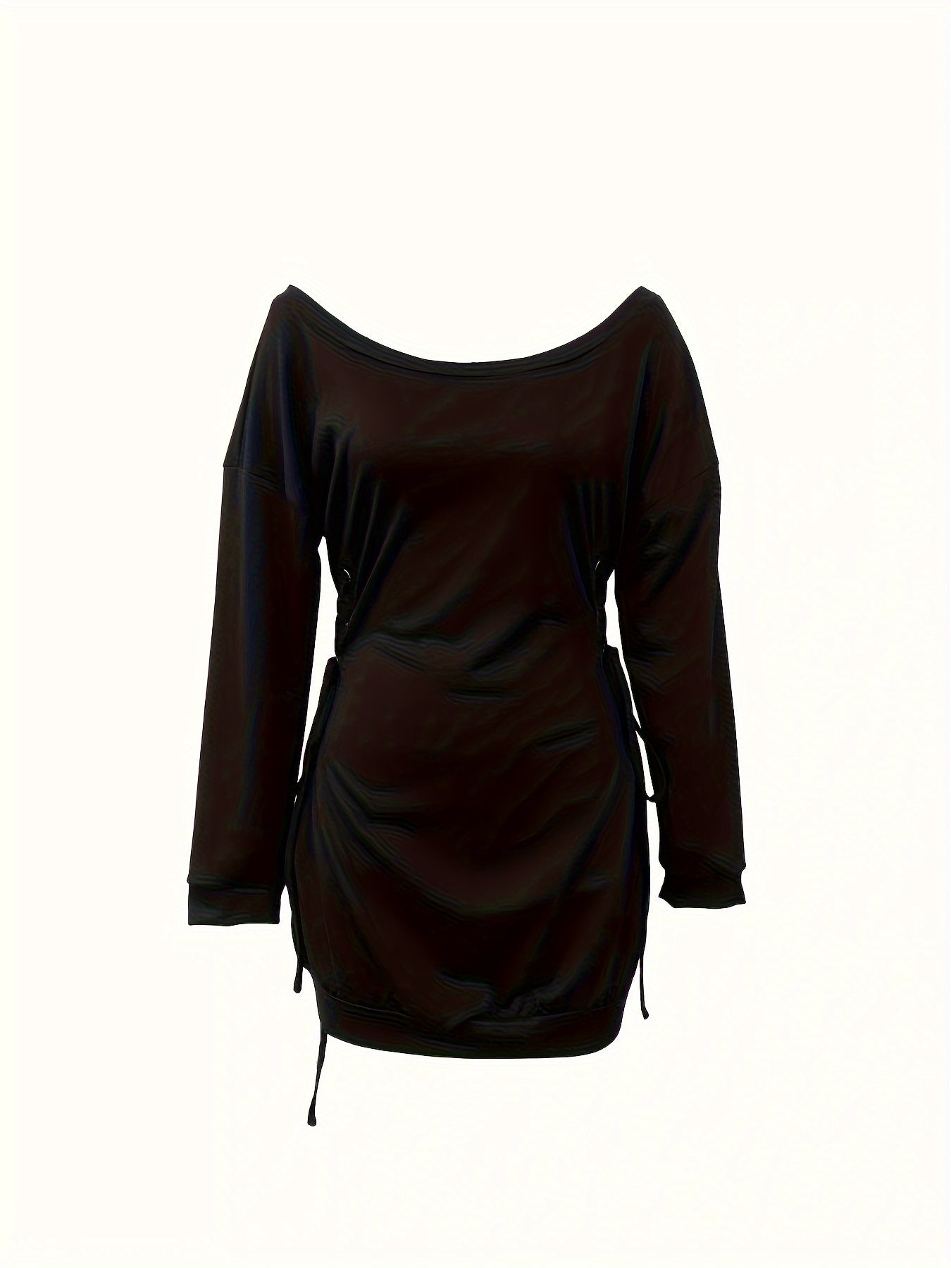 Women'S Sexy Off-Shoulder Drawstring Mini Dress, 97% Polyester Stretch Knit Fabric, All-Season Solid Color, 230gsm, Casual Chic Top with Side Tie Detail