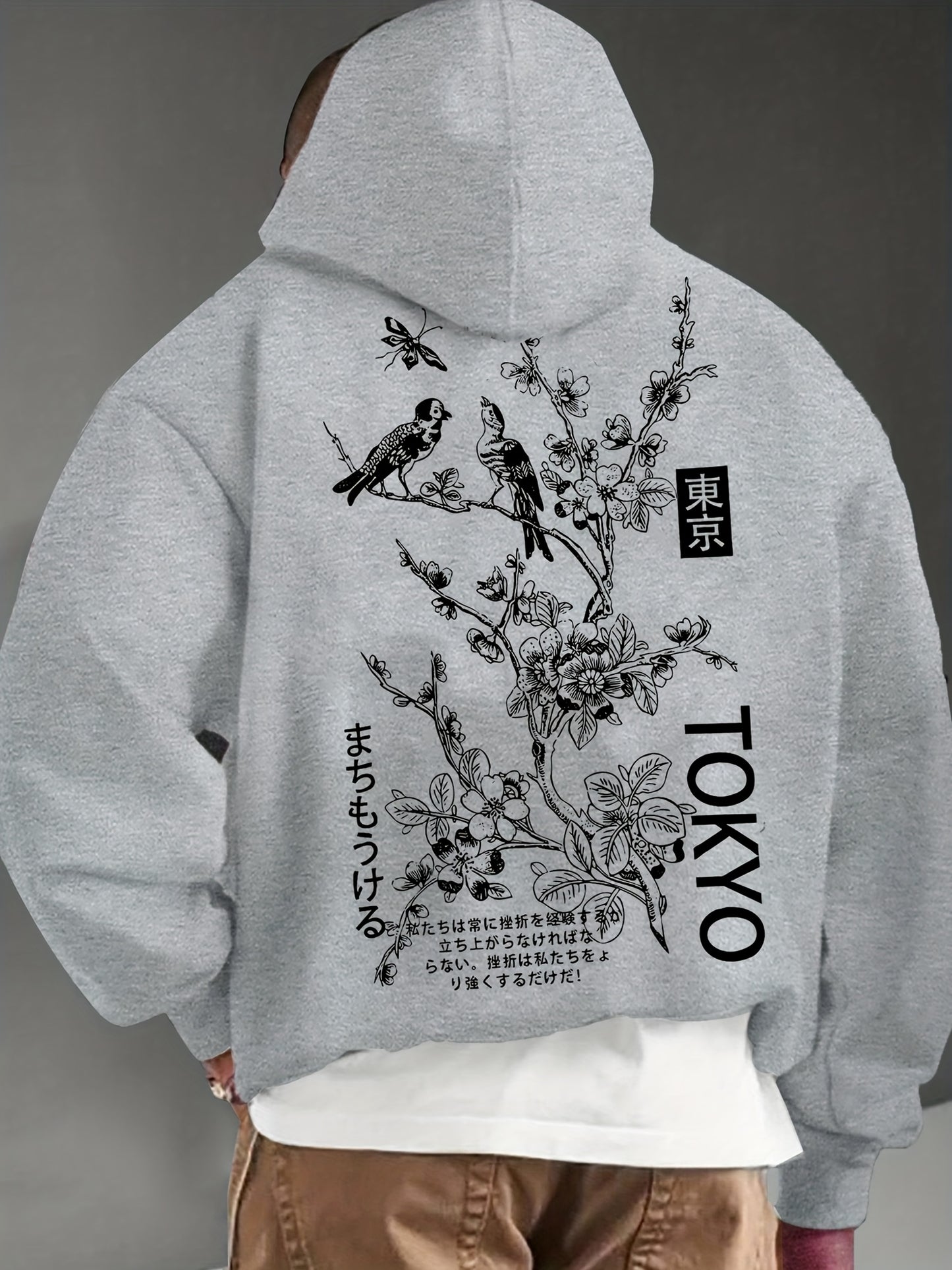 1pc Men'S Casual French Terry Hoodie with Tokyo Print, Geometric Pattern, Non-Stretch Knit Fabric, Loose Fit, Regular Length, Hooded Collar, and Pocket Detail