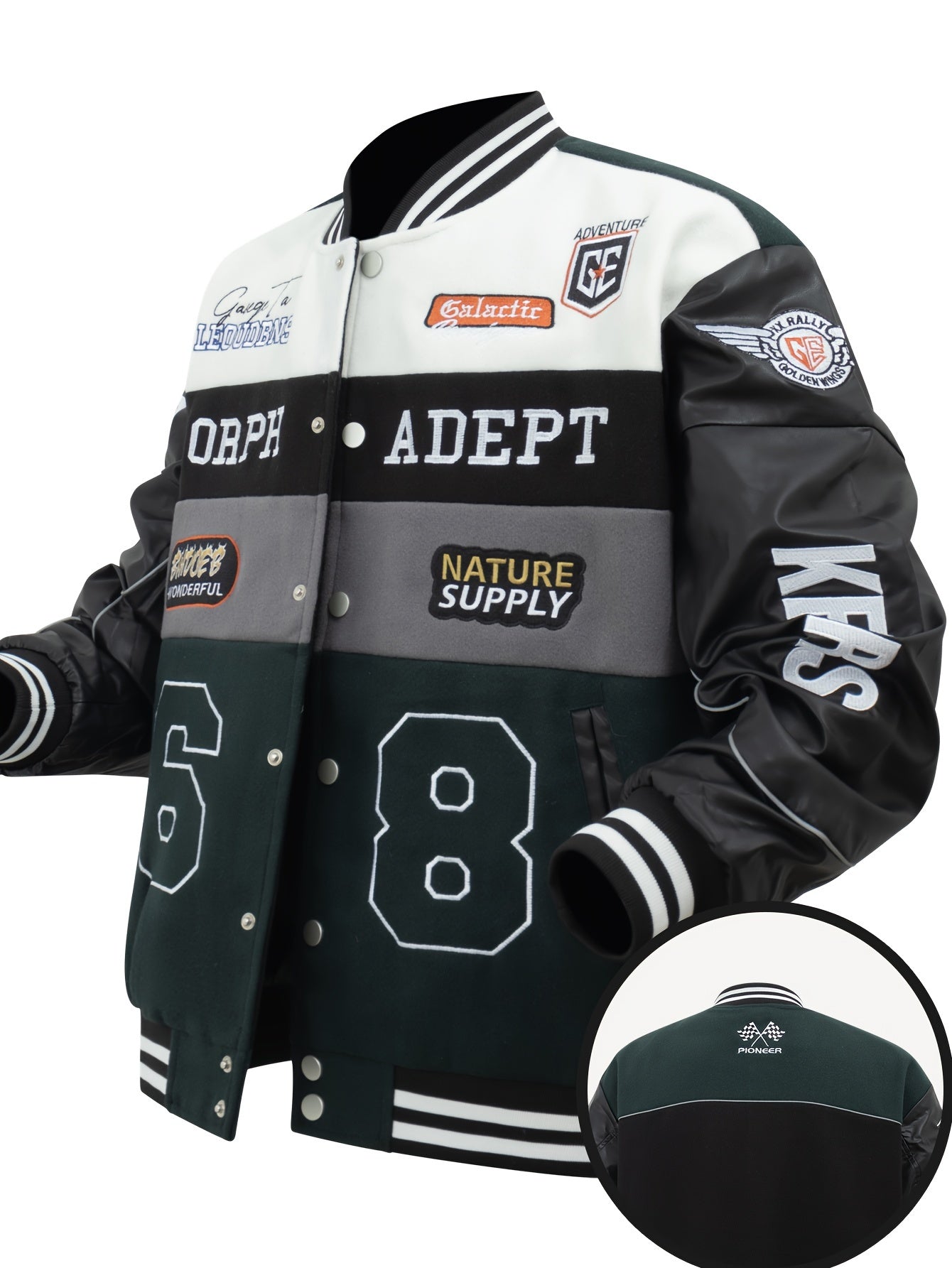 Men'S Daily Patchwork Polyester Varsity Jacket Stylish Retro Embroidered Long Sleeve Baseball Coats Casual Unisex Loose Outdoor Outerwear
