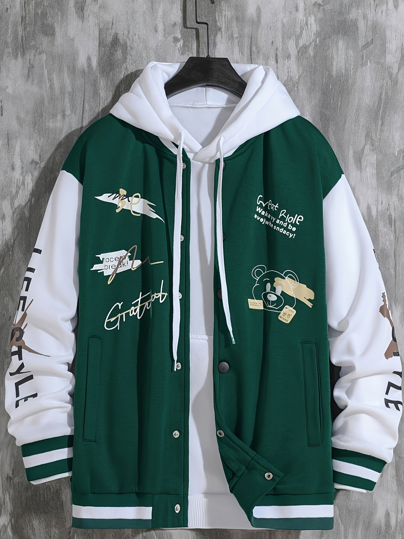 Men'S Casual Baseball Jacket, Polyester 100% Knit Fabric, Long Sleeve with Alphabet Pattern, Regular Length, Button Closure, Baseball Collar, Single Breasted Placket, Loose Fit, 200g/m² Weight - Spring/Fall Fashion