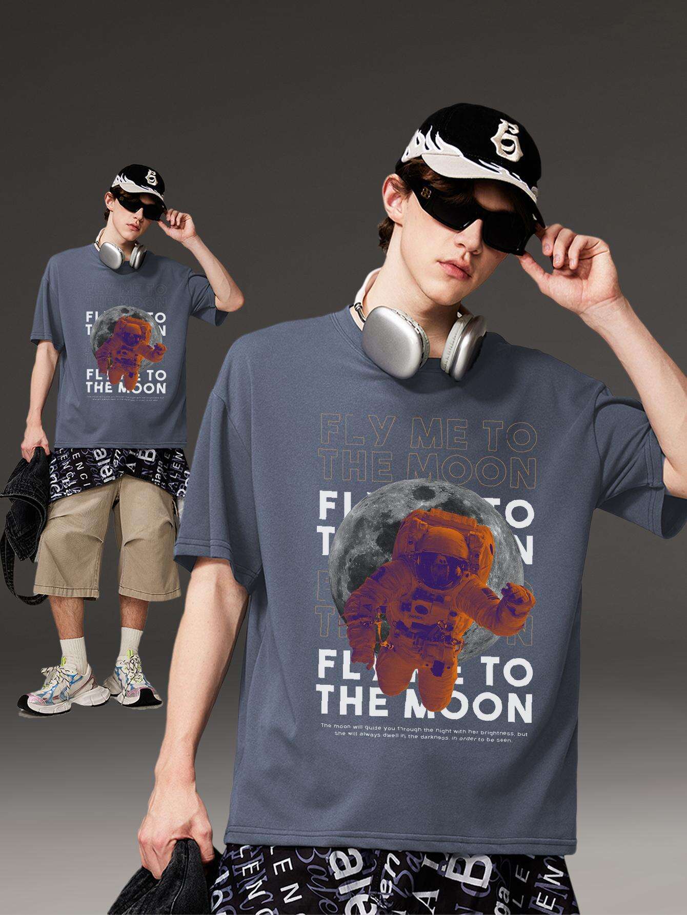 PRIVATHINKER Men's "Fly Me to The Moon" Graphic Tee - 100% Cotton, Oversized & Lightweight, Casual Summer Streetwear with Astronaut & Moon Design, Short Sleeve, Round Neck