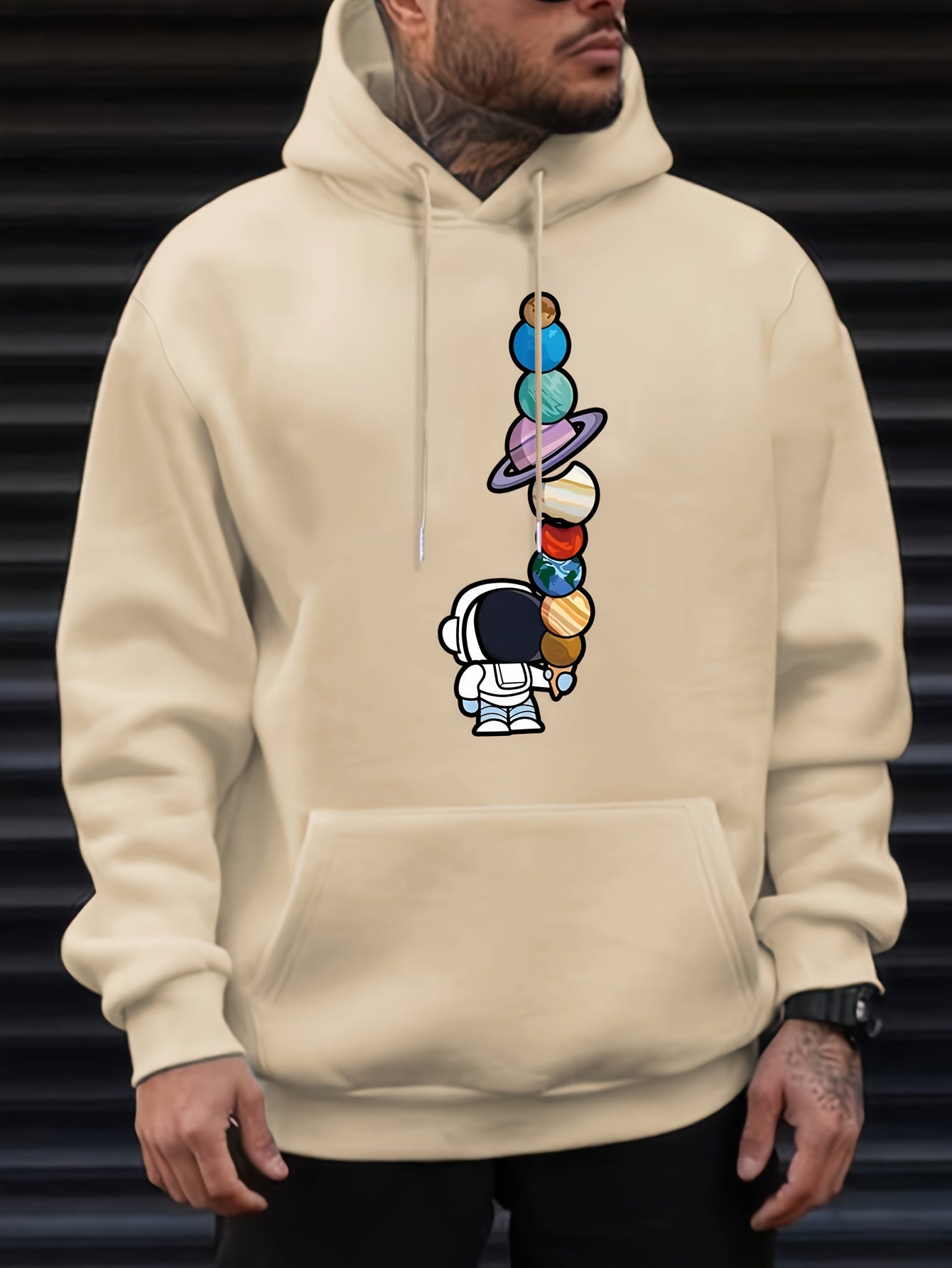 Astronaut And Planets Pattern Print Hooded Sweatshirt, Hoodies Fashion Casual Tops For Spring Autumn, Men's Clothing