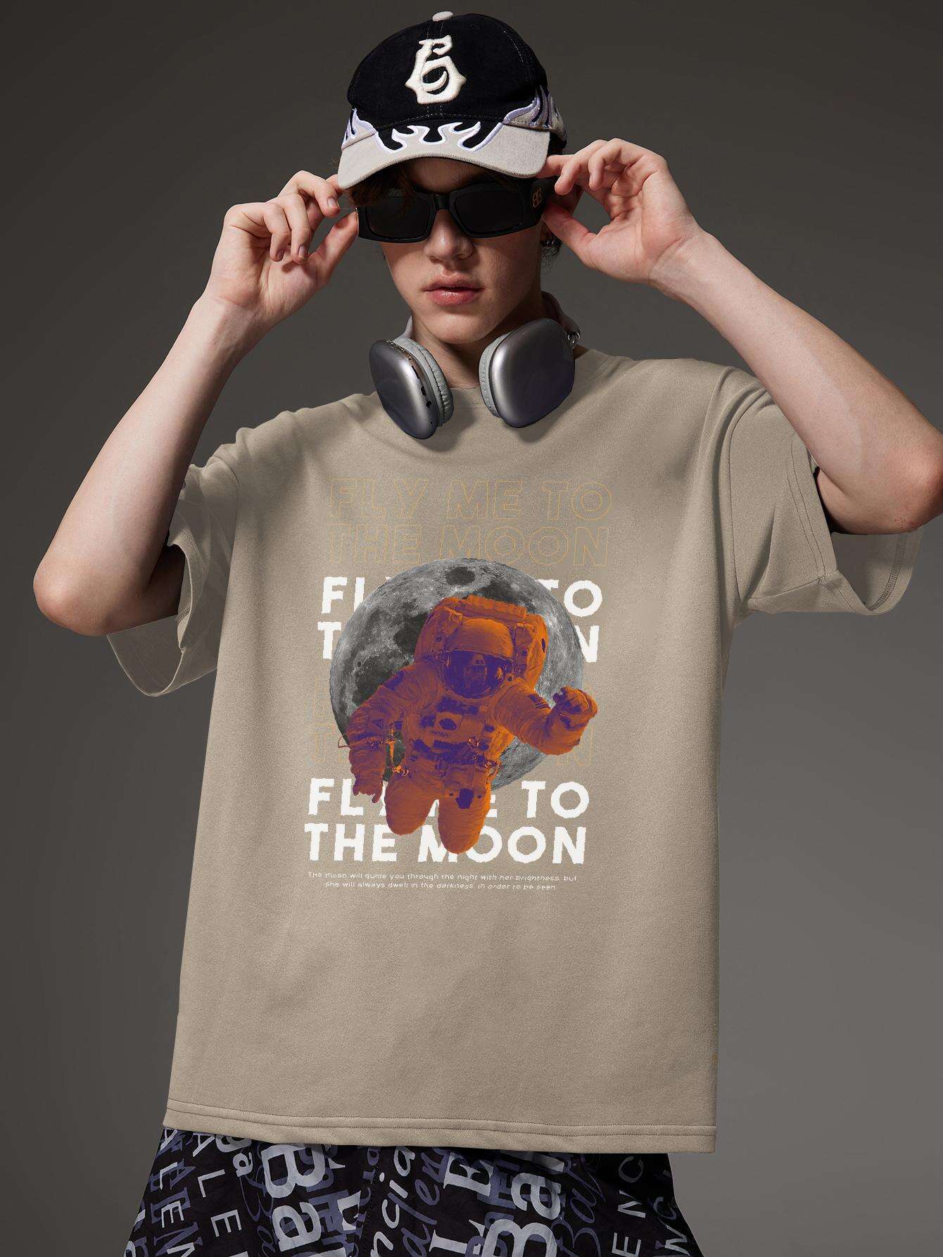 PRIVATHINKER Men's "Fly Me to The Moon" Graphic Tee - 100% Cotton, Oversized & Lightweight, Casual Summer Streetwear with Astronaut & Moon Design, Short Sleeve, Round Neck