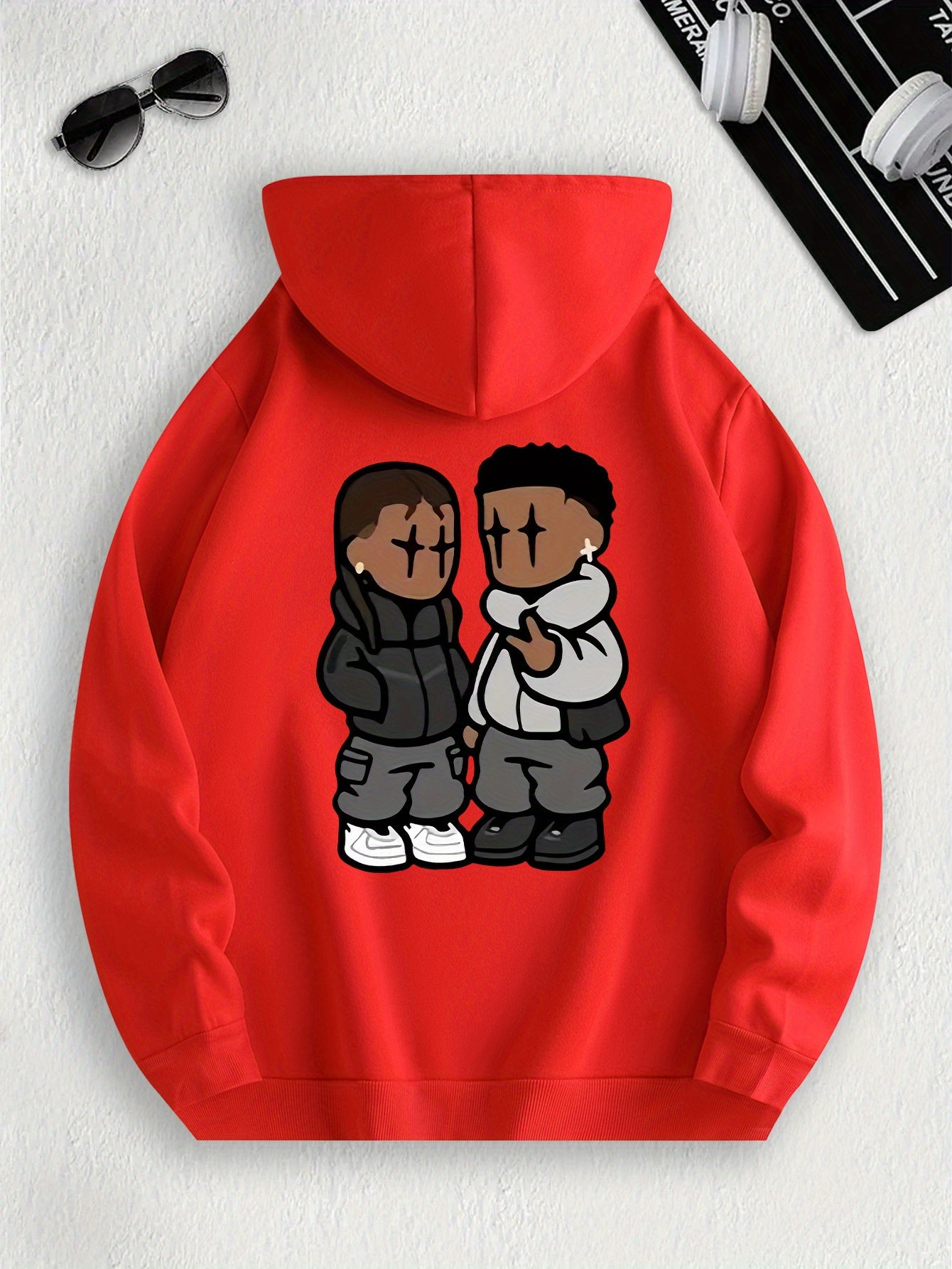 Men's Trendy Hoodie with Fleece-Lined Kangaroo Pocket - Casual & Comfortable, Cartoon Print Pullover Sweatshirt, K-pop, Fashion Design, Leisure Style, Conventional Version, ALL/Global/All