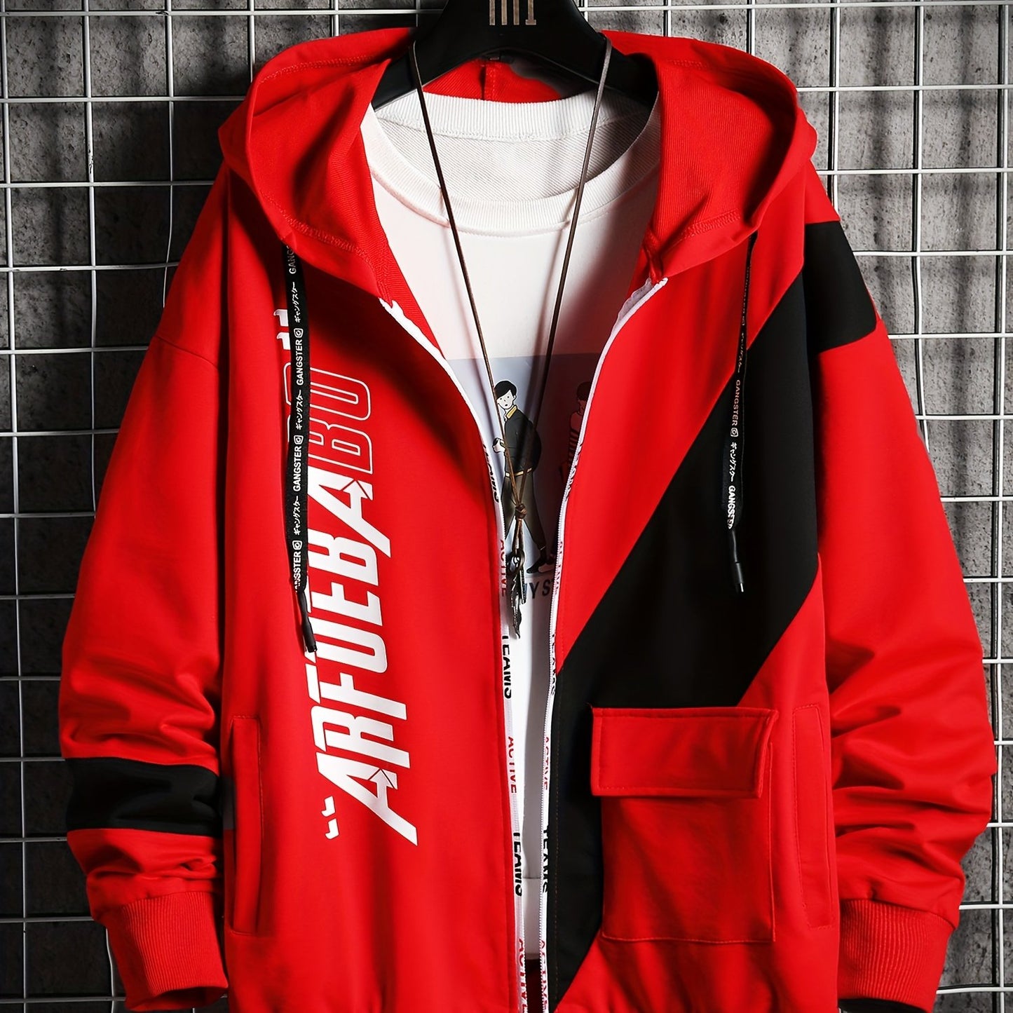 Men's Casual Hoodie with Geometric Print - Cozy & Warm Zip-Up Jacket for Fall/Winter, Polyester Blend, Young Fashion, Sports