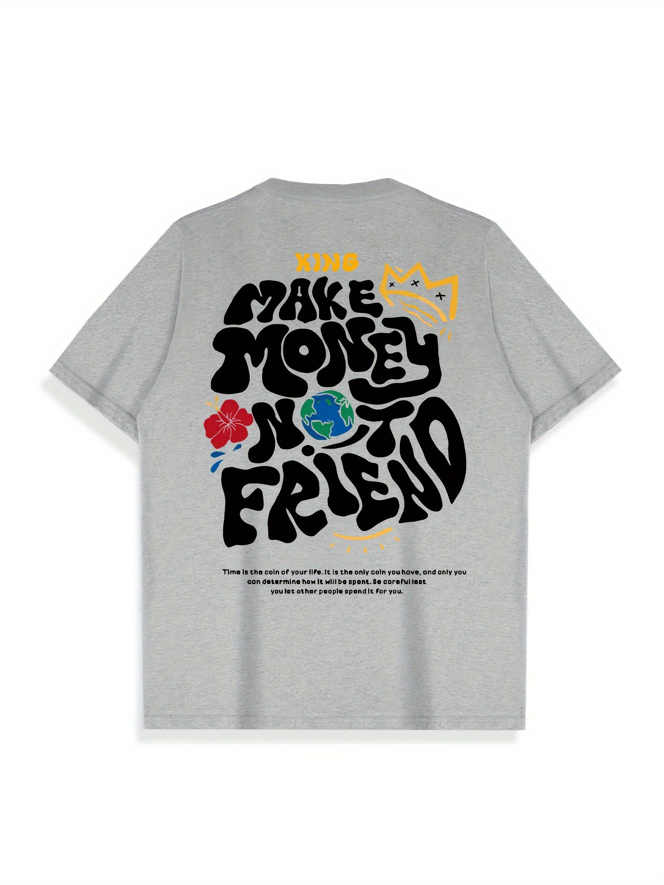 Men's Crew Neck Short Sleeve T-shirt, KING MAKE MONEY Creative Pattern Back Print Cozy Cotton Tee For Summer Outdoor Casual Activities