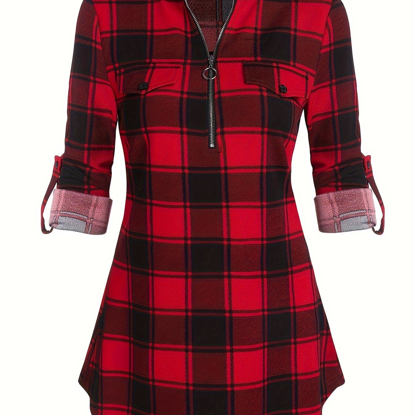 Women'S Casual Plaid Dress with Drawstring - 100% Polyester Knit Fabric, Boat Collar, Long Sleeve, Fit and Flare Design for Spring/Summer/Fall