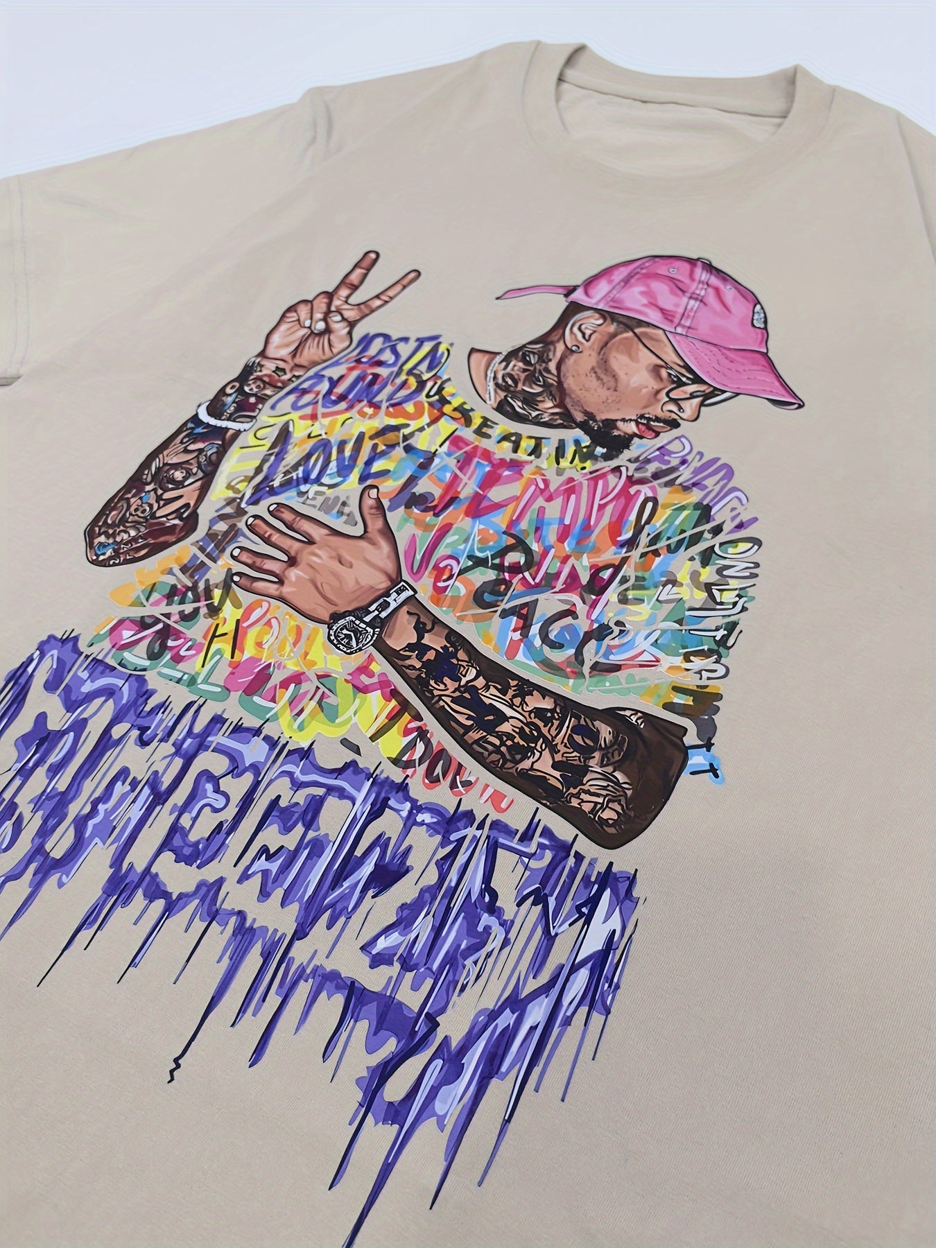 Men'S Hip Hop Man Print T-Shirt, Cotton, Vintage Style, Round Neck, Soft And Breathable, Summer Casual Wear For Adults
